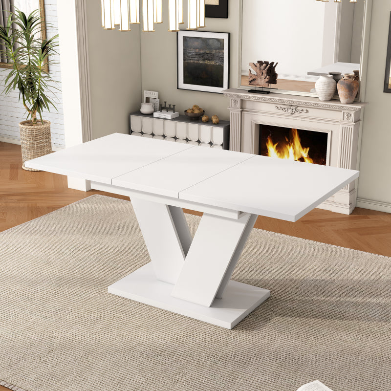 Table à diner extensible 120-160cm Blanc Rétro Design Moderne avec Plateau Épaissi & Pieds Robustes en Forme de V - Table Rectangulaire Extensible pour 4-6 Personnes, Mécanisme d'Extension Peu Encombrant, Aucun Assemblage Requis, Idéal pour les Petits Es