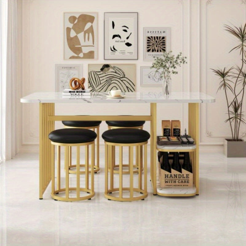 Ensemble de table à manger avec table à manger, 4 chaises, ensemble de table de cuisine avec cadre en acier, table à manger avec espace de rangement, table à manger moderne 1408075Cm, table à manger rectangulaire, salles à manger, blanc et doré