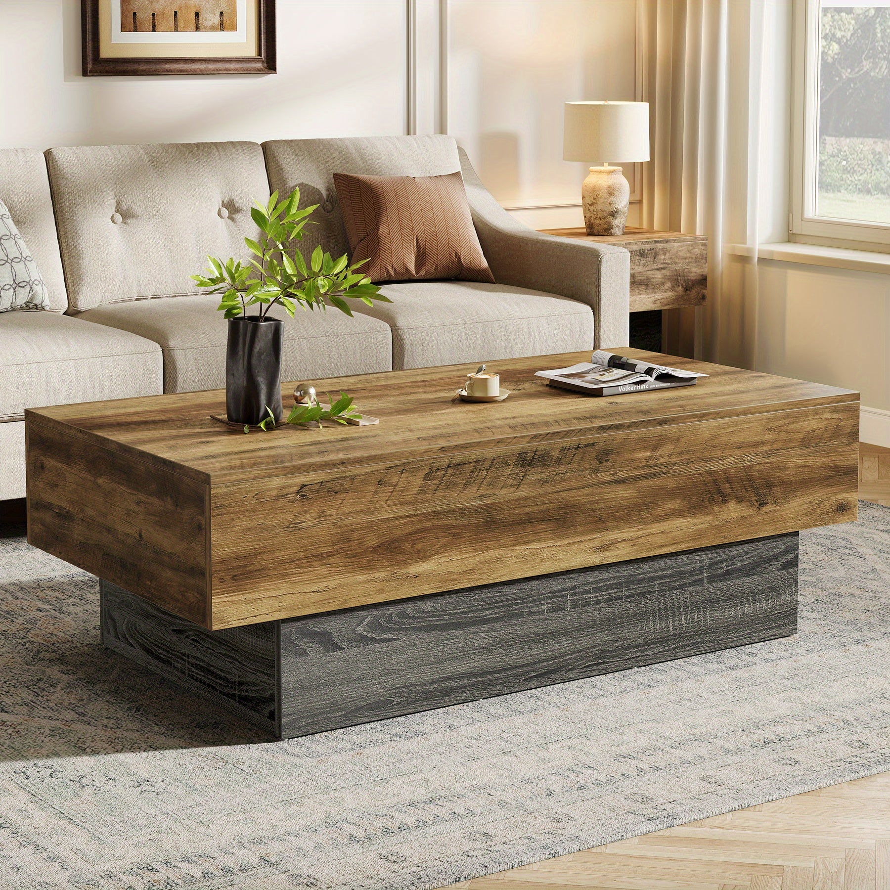 Table basse en bois de ferme BYBLIGHT - 139,7 cm de large, rectangulaire, vintage, avec base grise, dessus en bois massif et accents marron foncé, design économiseur d'espace pour le salon, le bureau, la réception, la meublerie du salon, finition en bois