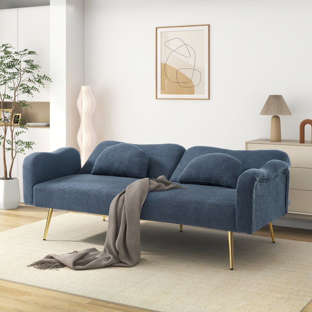Lit double canapé, design esthétique en forme de nuage, canapé-lit moderne à dossier réglable, lit pliant à double usage pour salon et chambre, petit appartement deux en un, canapé-lit en tissu, pieds en métal doré, meuble multifonctionnel, avec 2 oreill