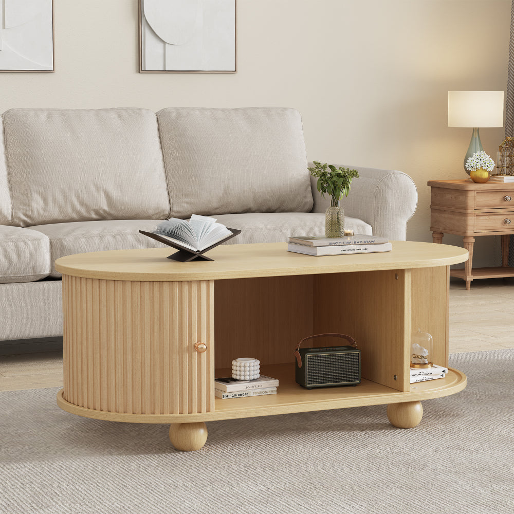 Table basse ovale simple moderne, meuble de rangement, meuble de sol, table à manger, avec porte coulissante, meuble multifonctionnel en bois peu encombrant, meuble TV de salon, support TV avec espace de rangement, 2 tiroirs en MDF rond, grain de bois or