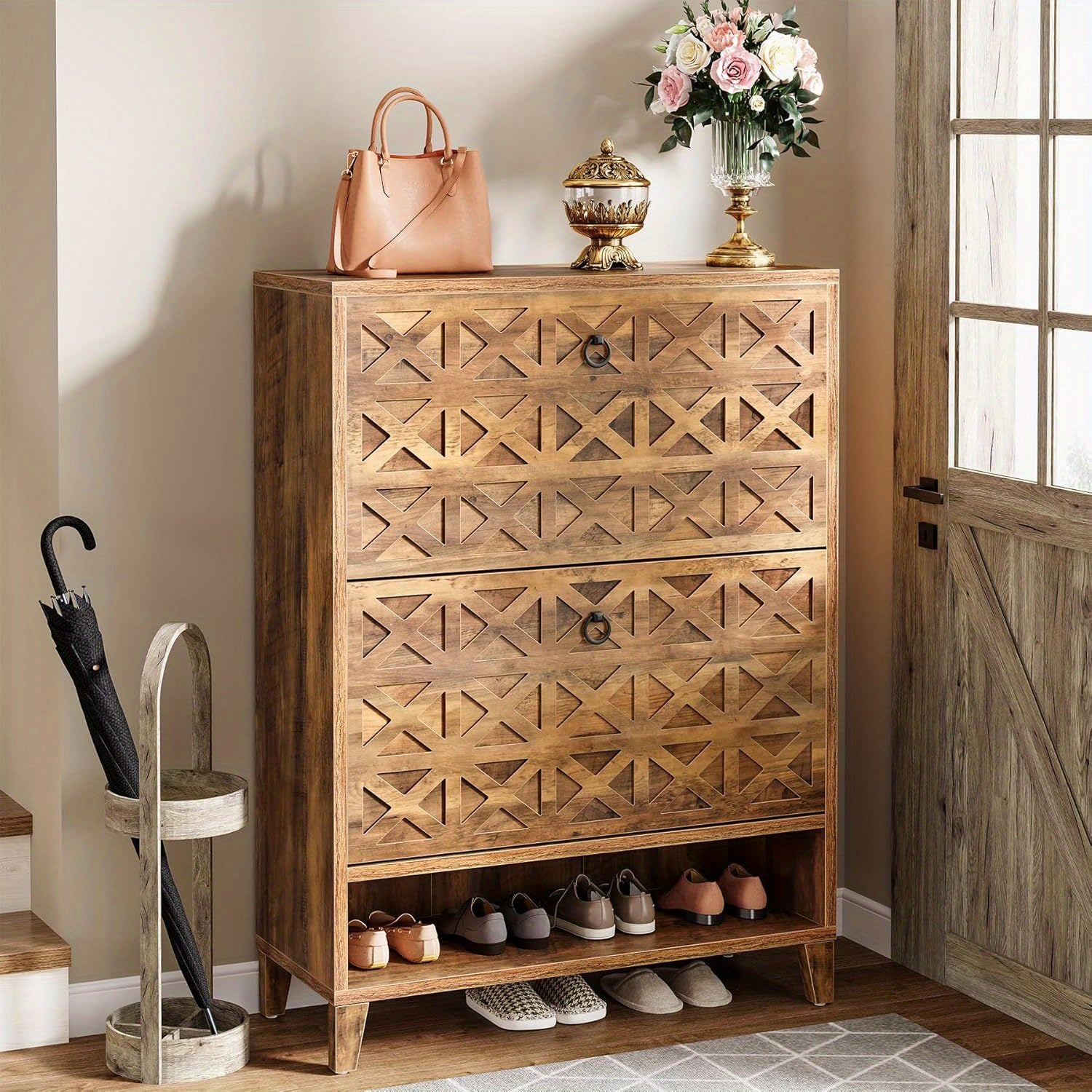 Armoire à Chaussures en Bois Marron 2 Tiroirs - Organisateur d'Entrée Étroit Autoportant avec Étagères Réglables, Design Contemporain et Construction en Bois Ingénierie pour Couloir, Placard, Petits Espaces, Finition Texturée Rustique, Détails Motif X, M