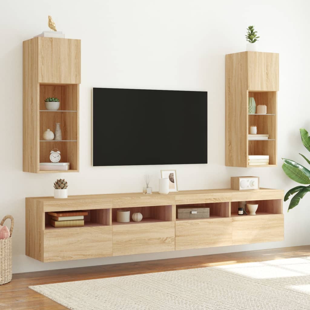 vidaXL Meubles TV mural 2 pièces chêne sonoma 30,5x30x90 cm avec lumières LED RVB espace de rangement pour salon divertissement support DVD récepteur