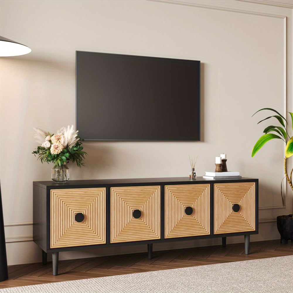 Armoire TV noire moderne 150 x 38 x 55 cm, basse en bambou, meuble TV avec espace de rangement
