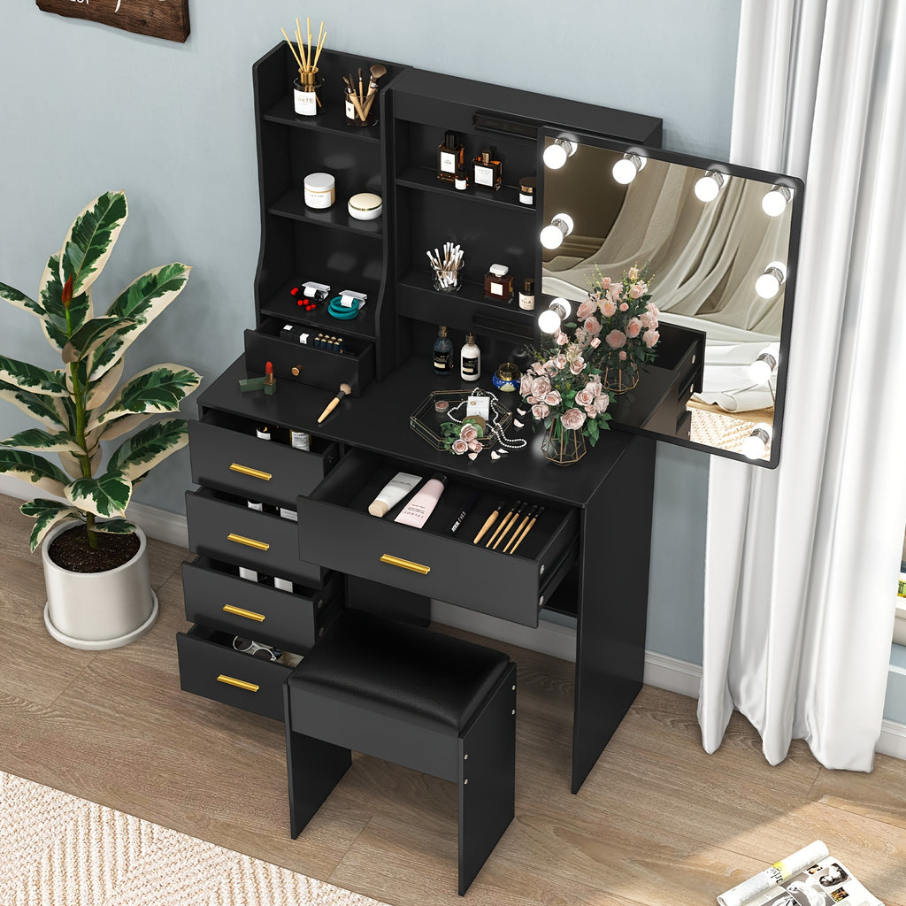 Coiffeuse avec Miroir et Lumières, Table de Maquillage Grande Taille à 6 Tiroirs, 3 Modes de Couleur et Luminosité Réglable, Inclut Tabouret Noir en Bois, Noir