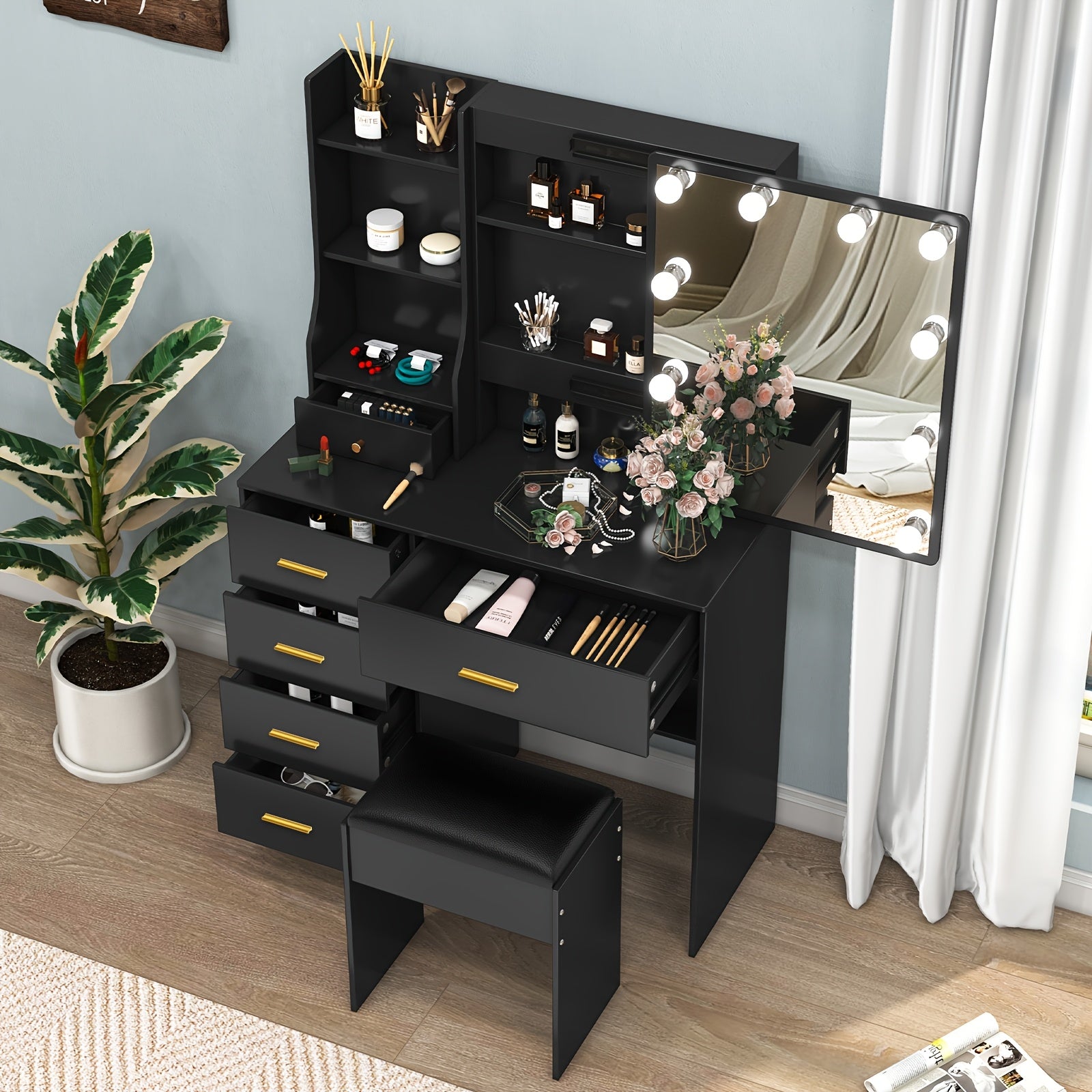 Coiffeuse avec Miroir et Lumières, Table de Maquillage Grande Taille à 6 Tiroirs, 3 Modes de Couleur et Luminosité Réglable, Inclut Tabouret Noir en Bois, Noir