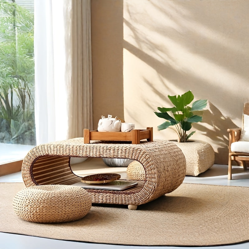 Table basse japonaise élégante en tatami - Herbe kangji tissée à la main avec cadre en bois, design de baie compacte pour salon ou balcon, petite table basse