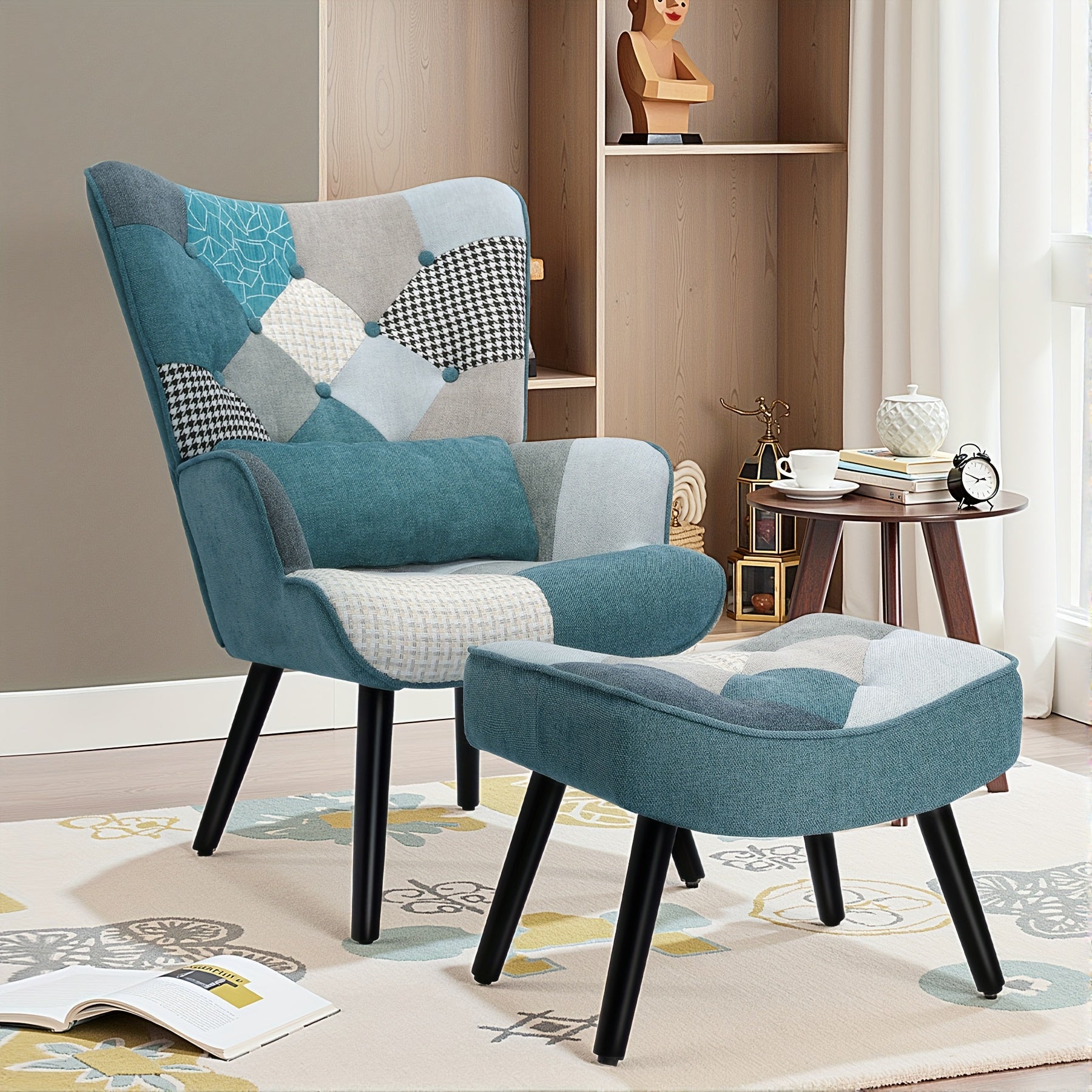 Fauteuil Ergonomique avec Repose-Pieds - Fauteuil de Salon Paresseux Facile à Assembler, Coussin Lombaire Doux & Pieds Robustes en Bois Franc, Fauteuil d'Accent Moderne pour Salon/Chambre à Coucher en Bleu - pour Lecture, Salon, Bureau à Domicile - Siège