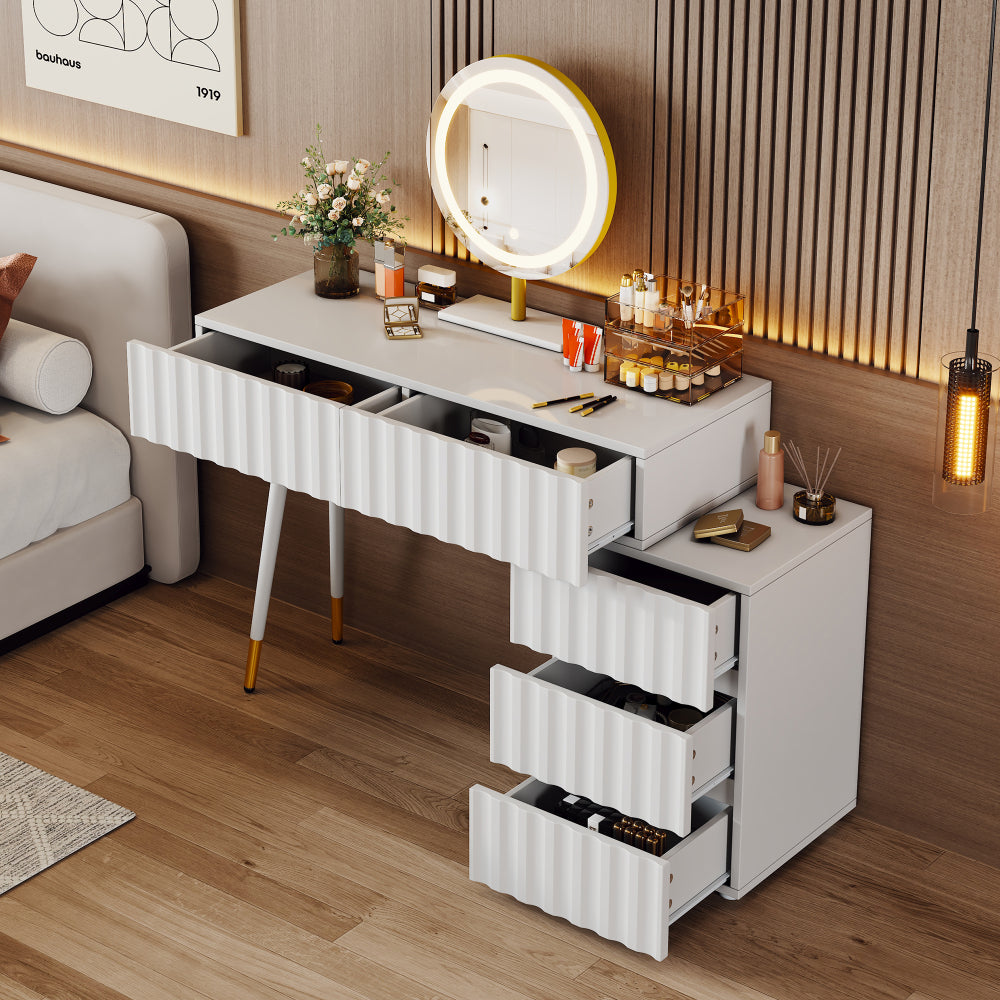 Table de maquillage moderne et simple en bois, dimensions W100/H127/D40 cm (chaises non incluses), style luxe léger italien avec miroir, armoire de rangement pratique pour petites chambres, bureau d'écriture classique nordique, bureau d'ordinateur multif