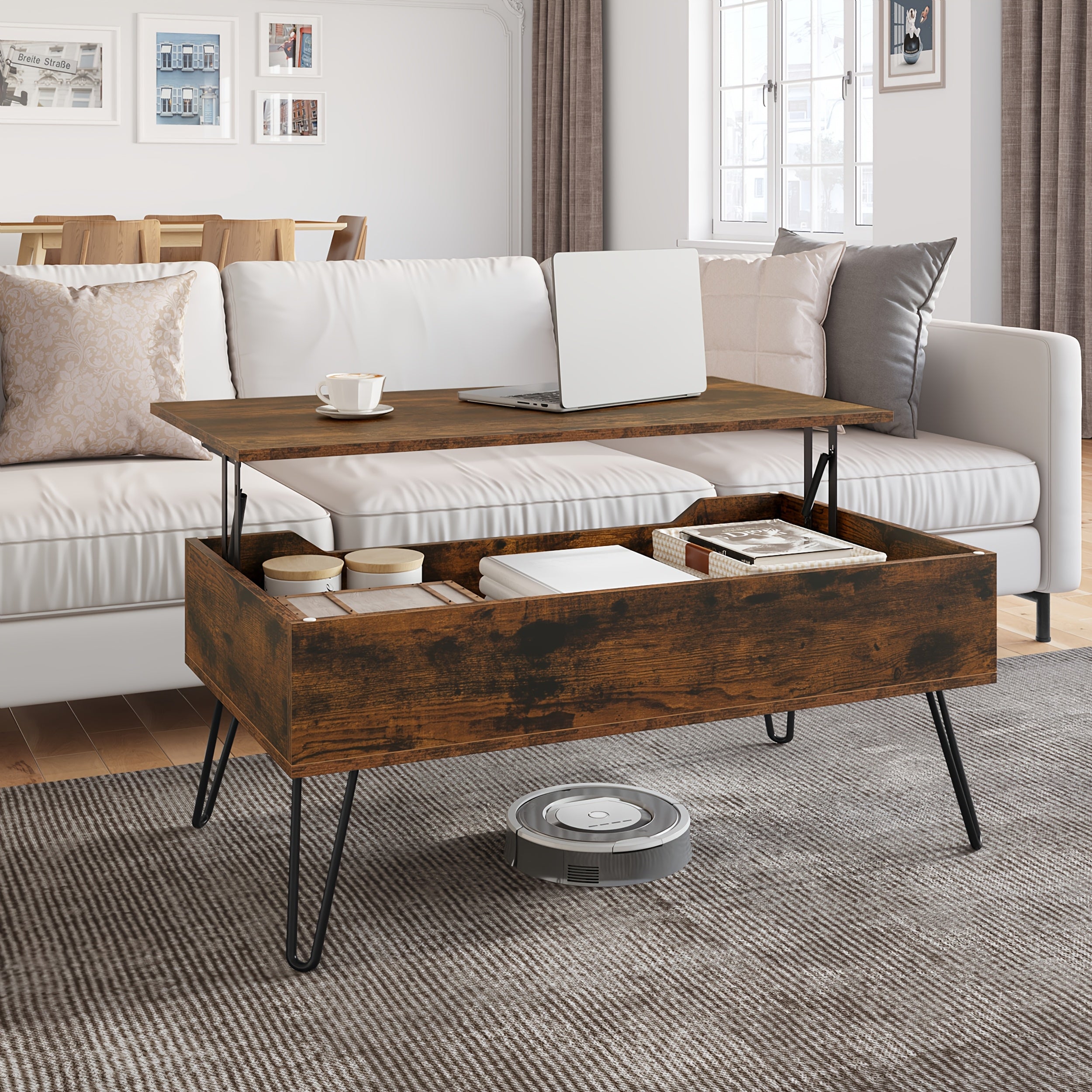 1pièce Table à café, Table de salon réglable en hauteur, Table de salon et de salle à manger, Bureau, Extensible, avec un espace de rangement caché, Adapté aux bureaux de salon, Résistant aux rayures et imperméable
