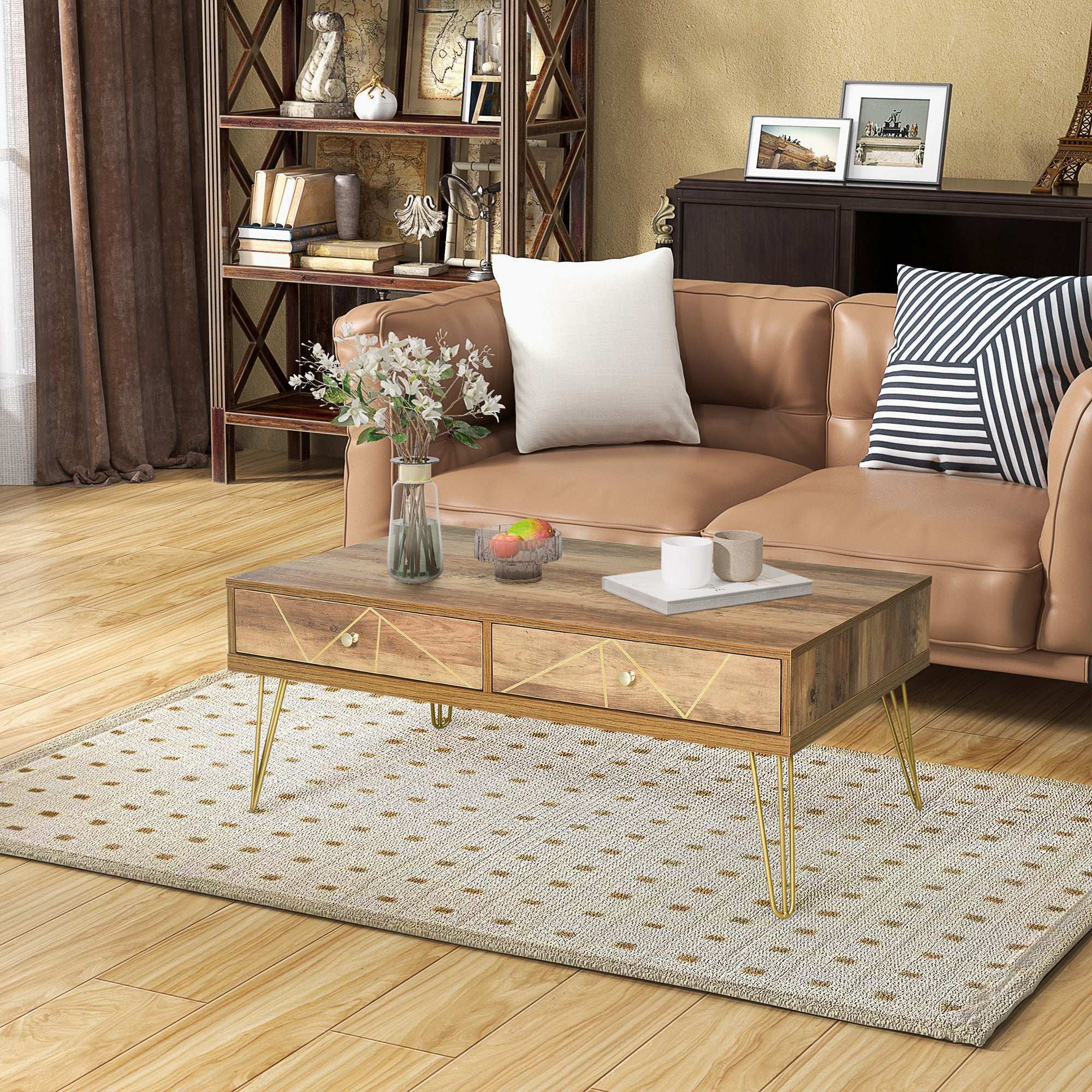 Table basse en bois de luxe avec plateau large et 2 tiroirs, décorée de lignes dorées peintes à la main, mesure 43,3" x 23" x 16,5" (110L x 59W x 42H cm) en couleur marron.