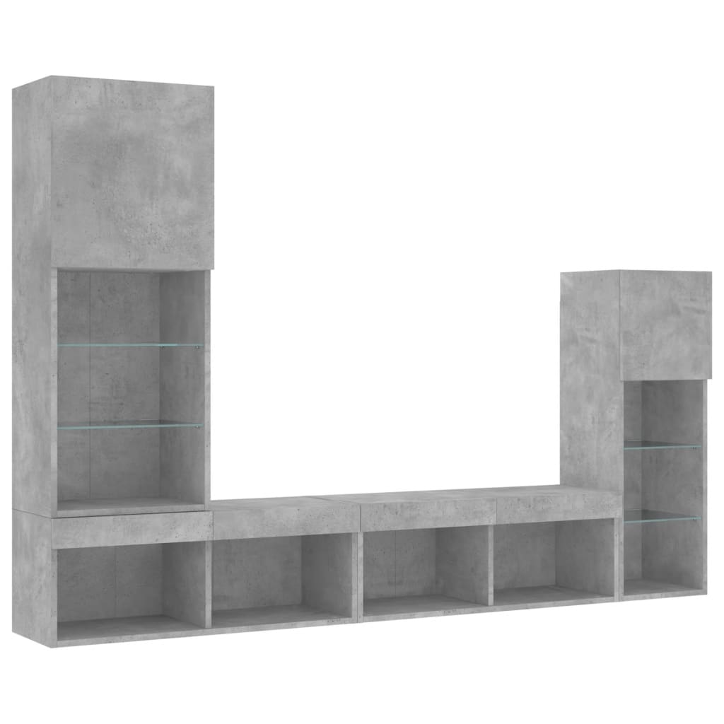 Ensemble de 4 meubles muraux TV modernes avec éclairage LED, finition gris béton, étagères en bois d'ingénierie, centre de divertissement pour salon, meubles de rangement, support TV mural, mobilier de maison contemporain, console multimédia élégante