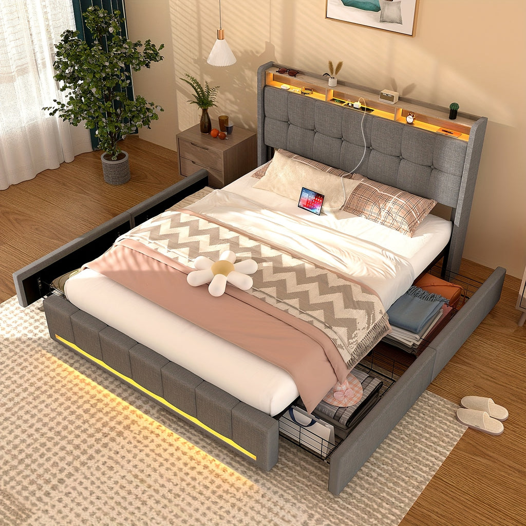 Cadre de lit intelligent moderne RGB LED avec 4 tiroirs de rangement et tête de lit RGBW à changement de couleur, montage plug-and-play, structure robuste en MDF/métal, lit double (160x200 cm) - Montage facile, compatible avec les appareils intelligents