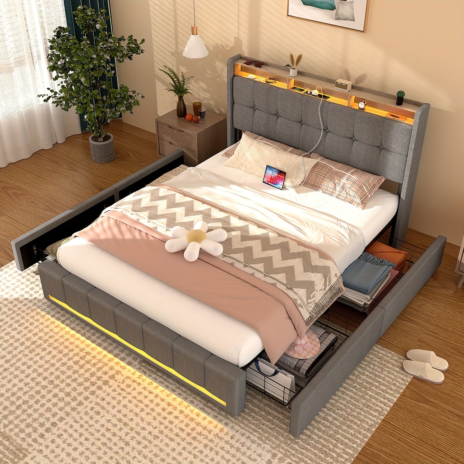 Cadre de lit intelligent moderne RGB LED avec 4 tiroirs de rangement et tête de lit RGBW à changement de couleur, montage plug-and-play, structure robuste en MDF/métal, lit double (160x200 cm) - Montage facile, compatible avec les appareils intelligents