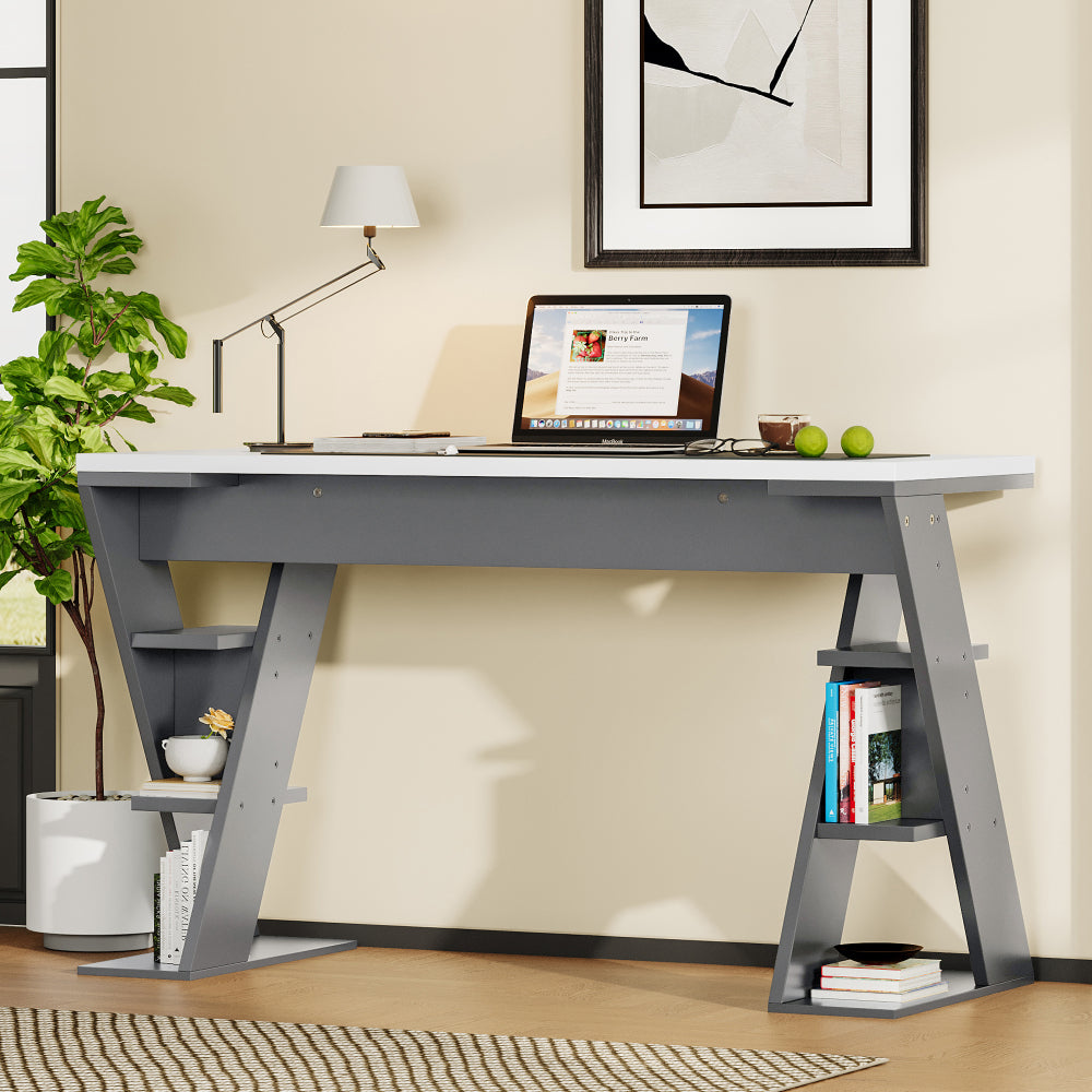 Bureau simple, bureau avec support en forme de X, support de rangement à six positions, étagère ouverte, robuste et durable, grand espace de rangement, bureau moderne et élégant, bureau pour ordinateur de bureau, bureau tout-en-un pour la maison, table d
