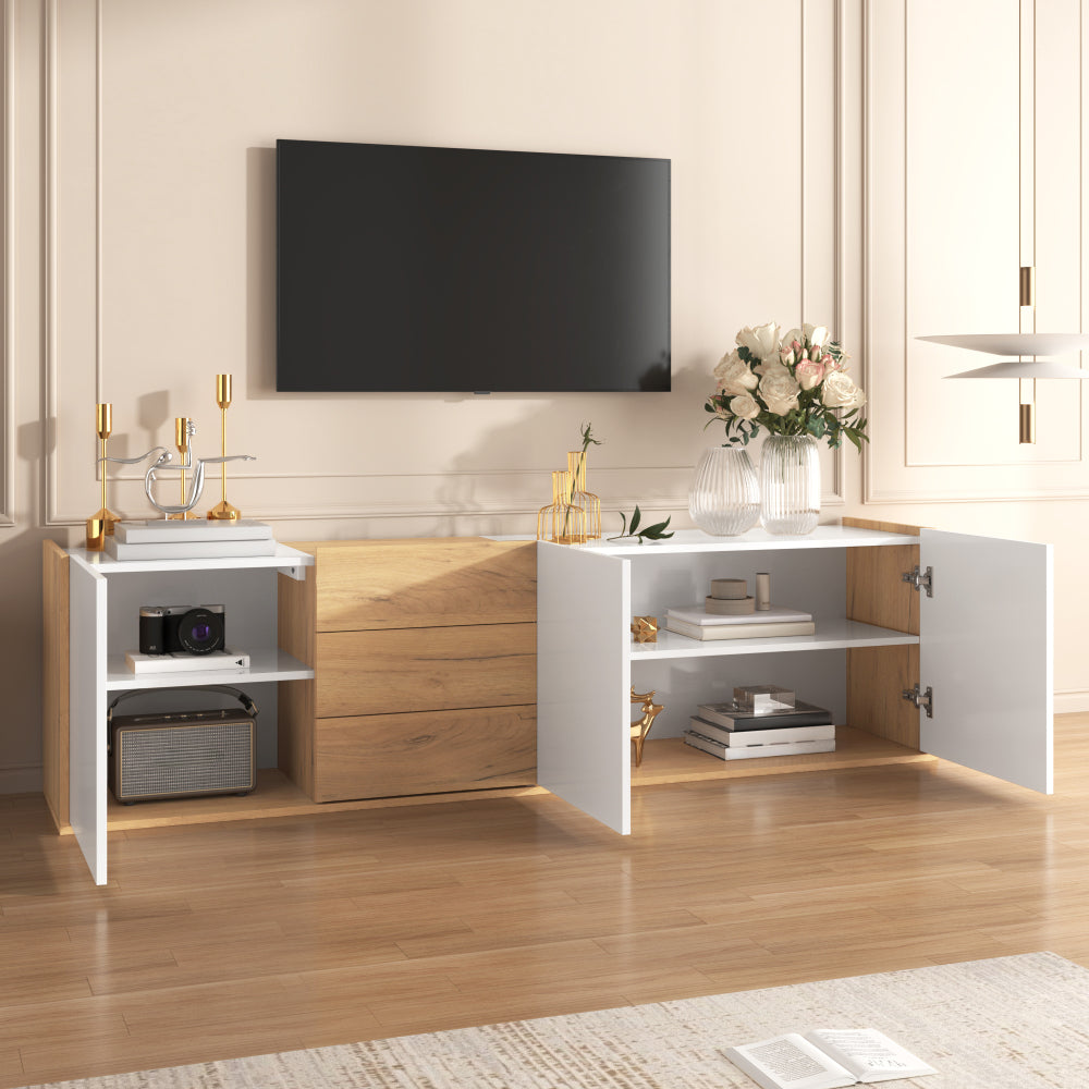 Armoire TV Blanche et Effet Bois 171,5 cm – Murale ou Indépendante, Portes et Tiroirs, Moderne et Économiseur d'Espace