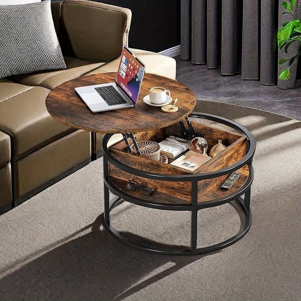 Table basse ronde élégante Haus avec plateau relevable, table de salon avec compartiment de rangement caché, table d'appoint ronde avec espace de rangement pour le bureau à domicile, tables rondes du milieu, salon