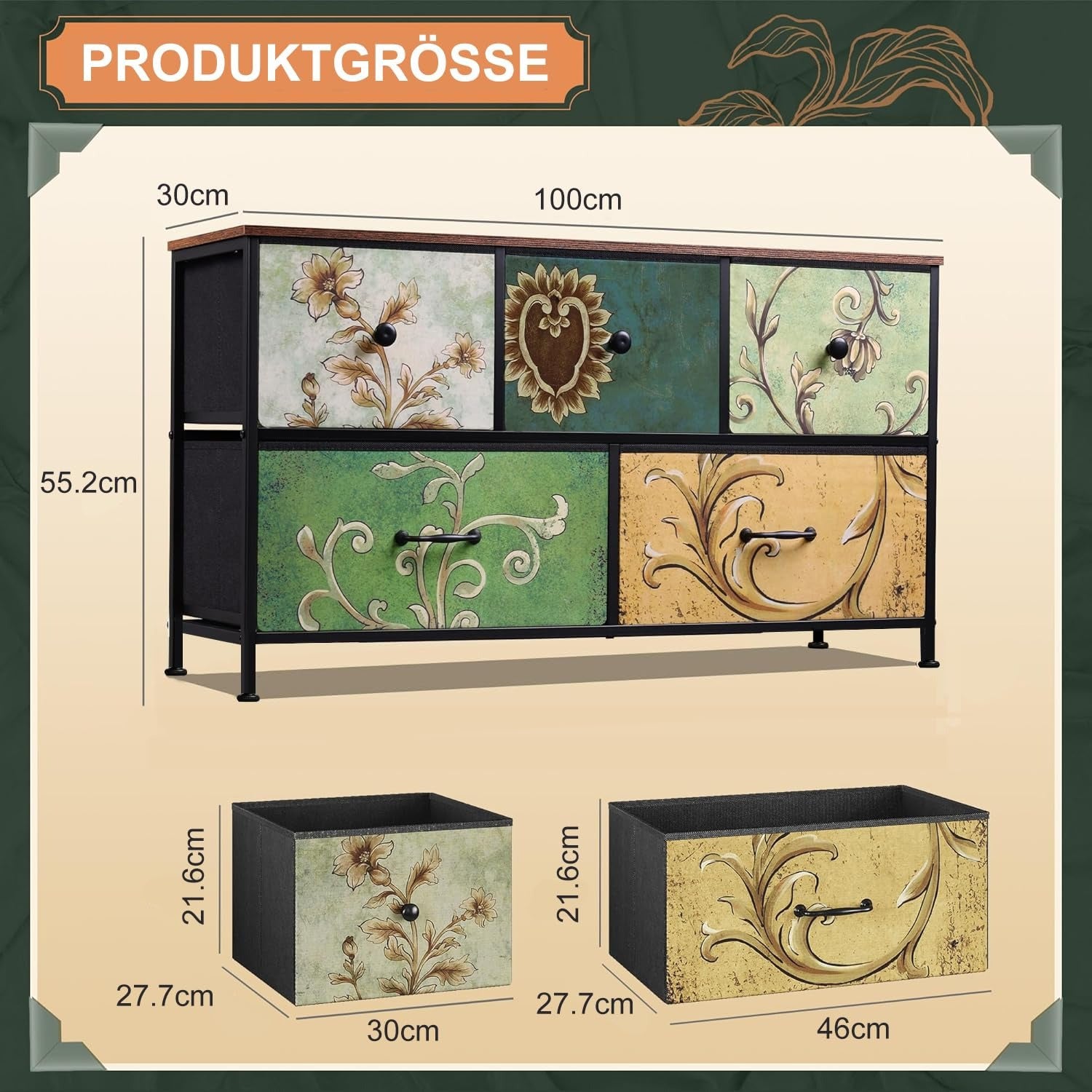 Commode à 5 tiroirs - Buffet bohème avec tiroirs en tissu - Structure en métal - Plateau en bois - Meuble TV - Armoire à tiroirs pour salon, chambre à coucher, couloir