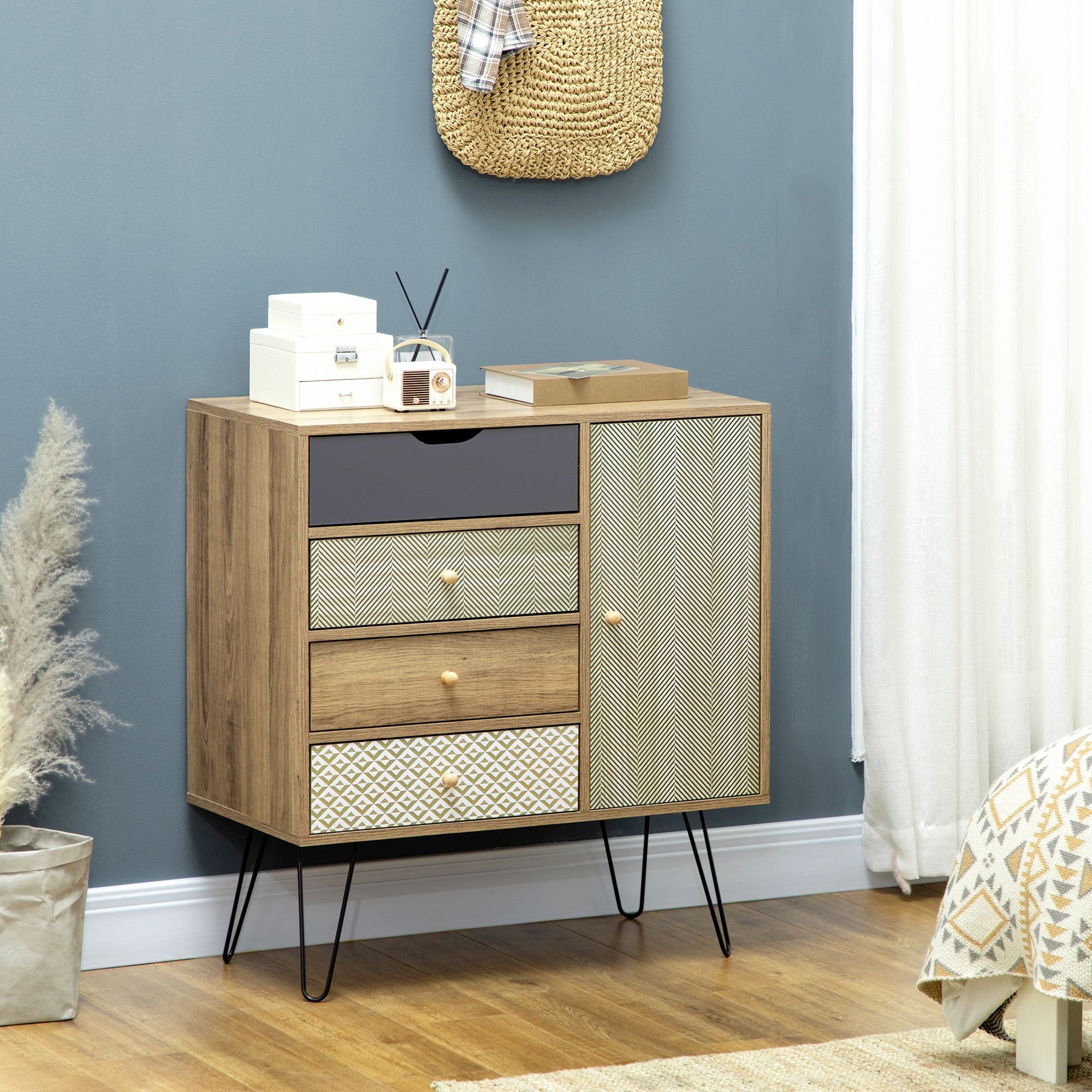 HOMCOM Meuble de rangement commode buffet 4 tiroirs 1 placard - pieds épingles à cheveux - style bohème - 79 x 39 x 86 cm marron