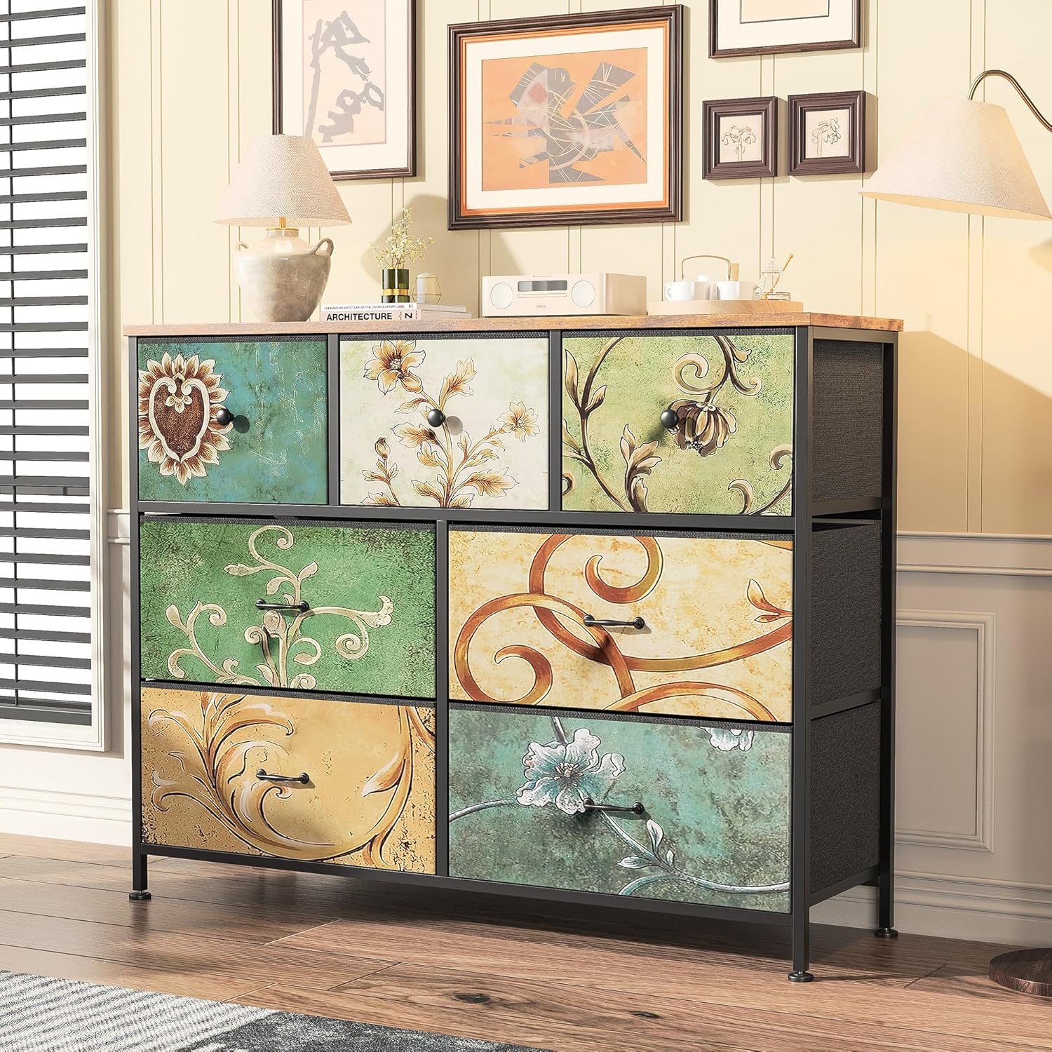 YCZ Commode à 7 tiroirs - Buffet bohème avec tiroirs en tissu - Structure en métal - Plateau en bois - Meuble TV - Armoire à tiroirs pour salon, chambre à coucher, couloir