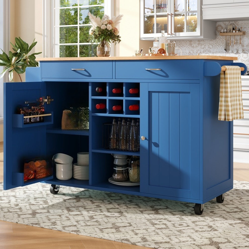 102 X 45 X 92 Cm Stylish Table Trolley, Modern Kitchen Island, Mobile Or Fixed, Available in Blue, Gray, Or Black. Equipped with 360-Degree Swivel Casters, Convenient Side Racks, a Towel Rack, And Ample Storage Space. This Wood-Grain Dining Trolley Is a
