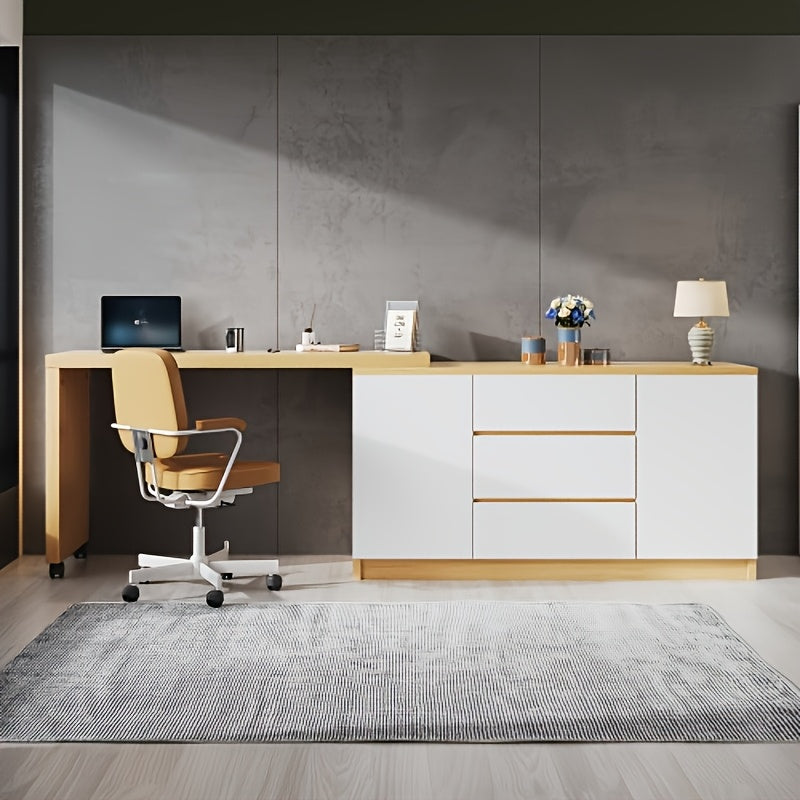 Bureau d'angle rotatif et pliable peu encombrant avec tiroir de rangement - Construction en bambou robuste, design moderne classique blanc, bureau de maison autonome avec surface de travail spacieuse, assemblage facile, idéal pour les petits espaces, étu