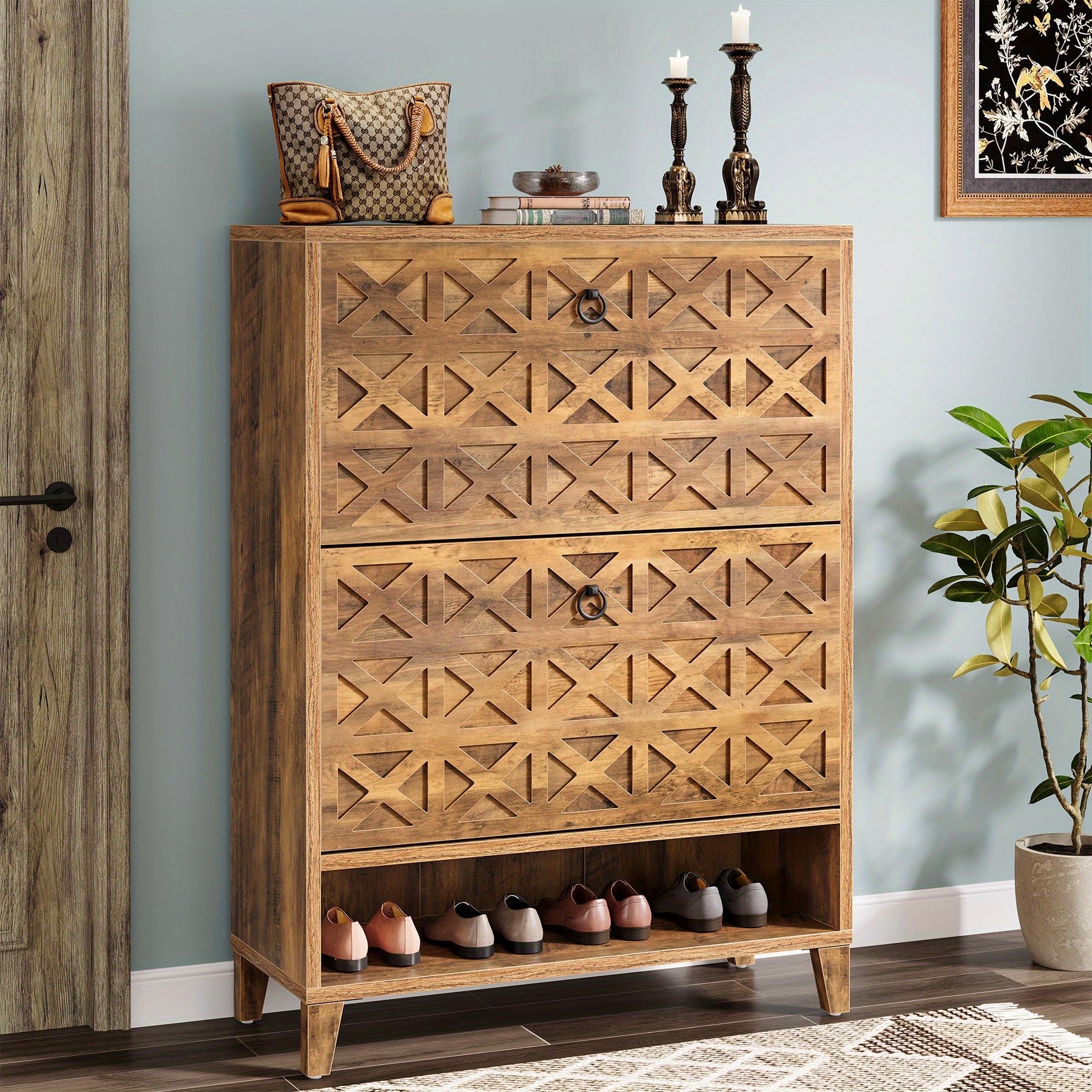 2 Tiroirs de rangement pour chaussures autoportant avec étagères ajustables - Organisateur de petite entrée, construction en bois d'ingénierie, design moderne peu encombrant avec tiroirs pliables et étagères à rotation lisse, armoire à chaussures autopor