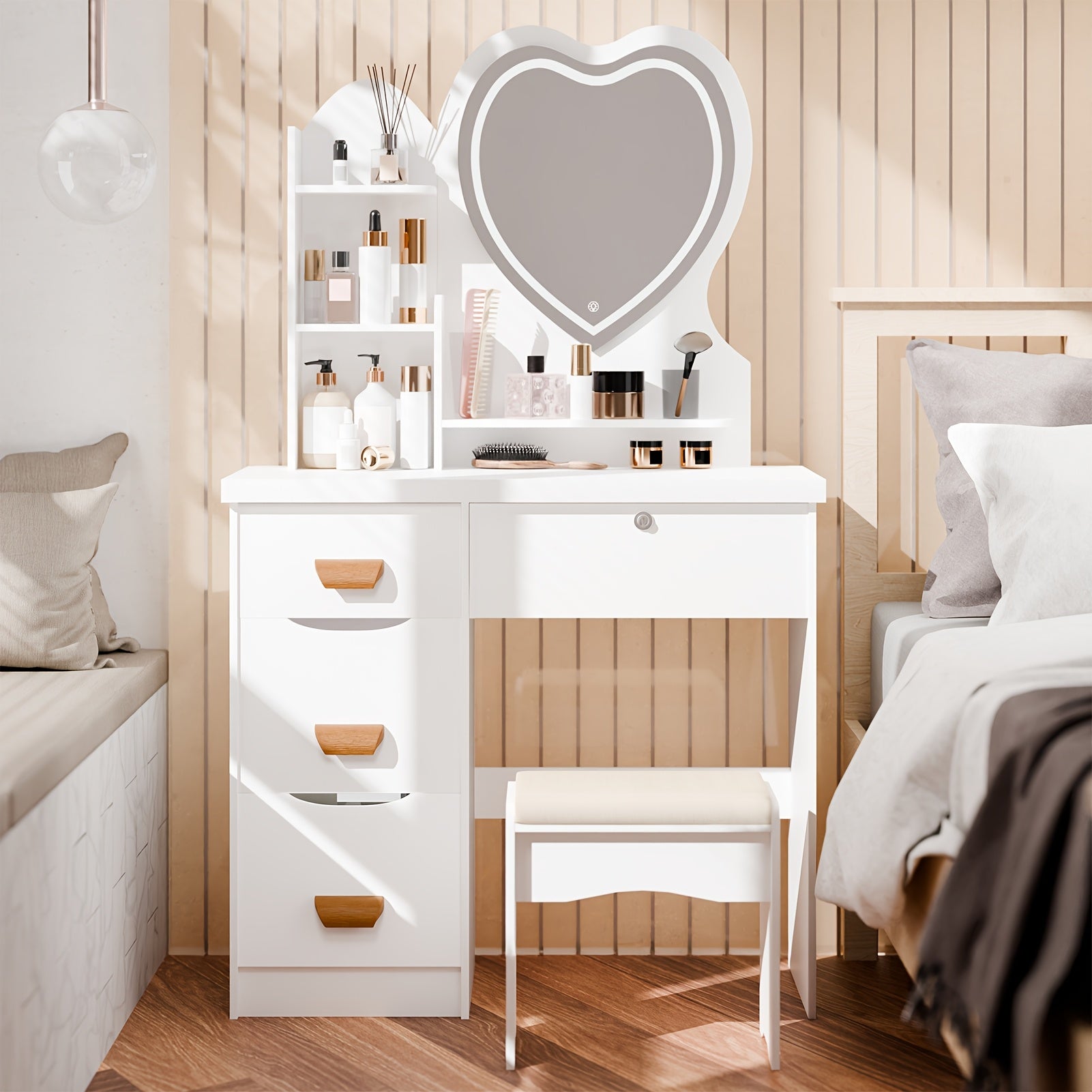 Table de Cosmétique Moderne Blanche en Forme de Cœur avec Tabouret - Coiffeuse Multifonctionnelle avec 2 Tiroirs, 2 Étagères & Rangement à 6 Tiroirs, Coiffeuse, Coiffeuse Moderne, Coiffeuse Avec Rangement, Coiffeuse Avec Tabouret, Table de Cosmétiqu