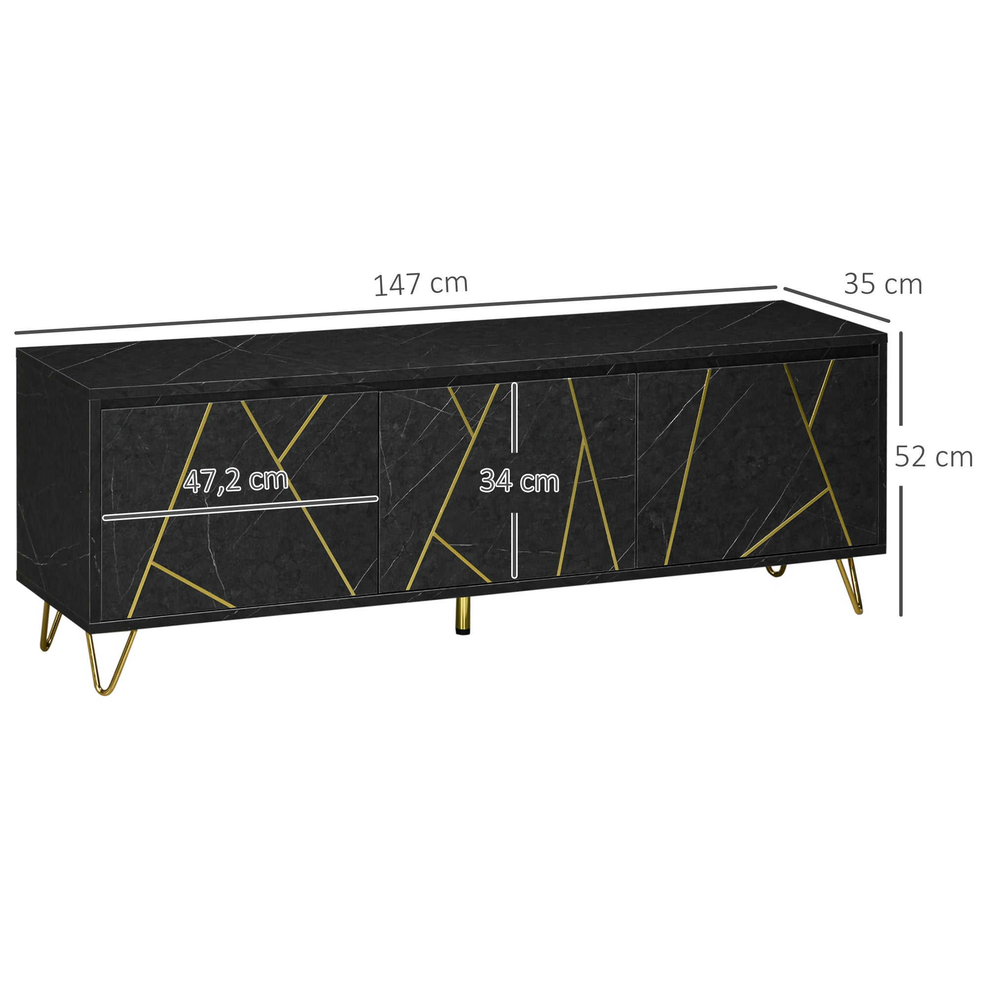 HOMCOM Meuble TV banc TV jusqu'à 65 pouces texture longueur 147 cm effet marbre 2 placards 3 portes à amortissement étagères réglables passe-câbles charge 100 Kg - 147 x 35 x 52 cm - pied en métal