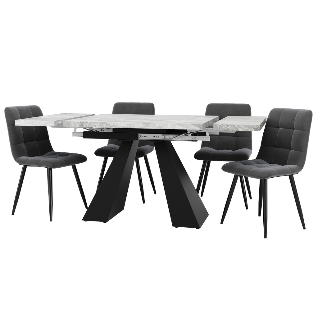 Ensemble de table à manger 5 pièces, ensemble de table à manger extensible pour 4 personnes, table 160 x 80 x 75 cm, avec 4 chaises à manger en velours gris, table à manger moderne gris avec colonnes et pieds, pour salle à manger ou zone de repas