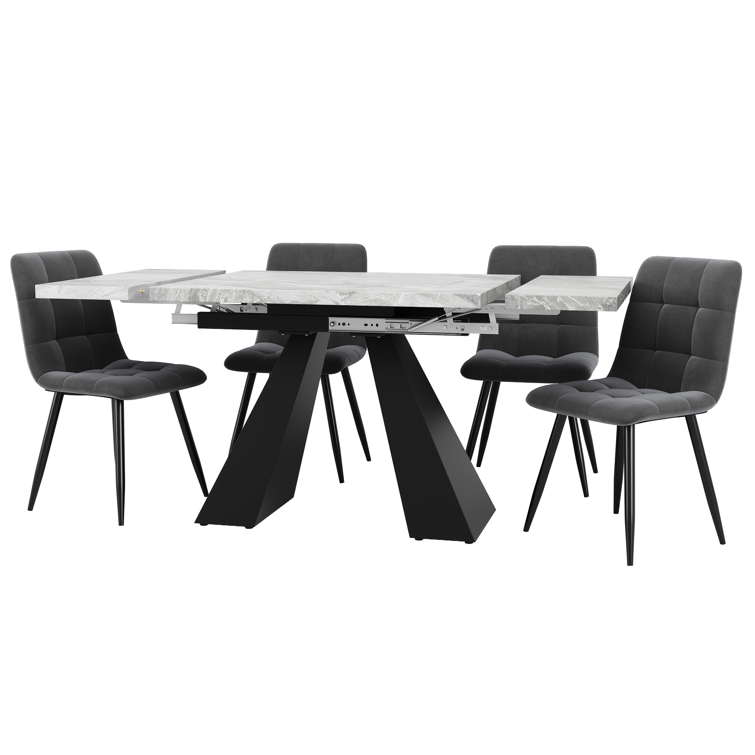 Ensemble de table à manger 5 pièces, ensemble de table à manger extensible pour 4 personnes, table 160 x 80 x 75 cm, avec 4 chaises à manger en velours gris, table à manger moderne gris avec colonnes et pieds, pour salle à manger ou zone de repas