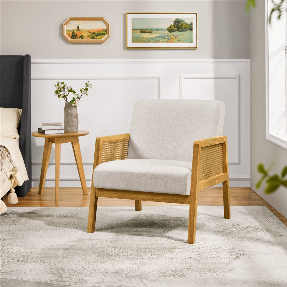 Costoffs Fauteuil de Salon Design en Bois Massif et Tissu - Style Rotin Moderne avec Coussin Rembourré Confortable - Siège Relax pour Intérieur (Salon, Véranda ou Bureau) - Assemblage Facile