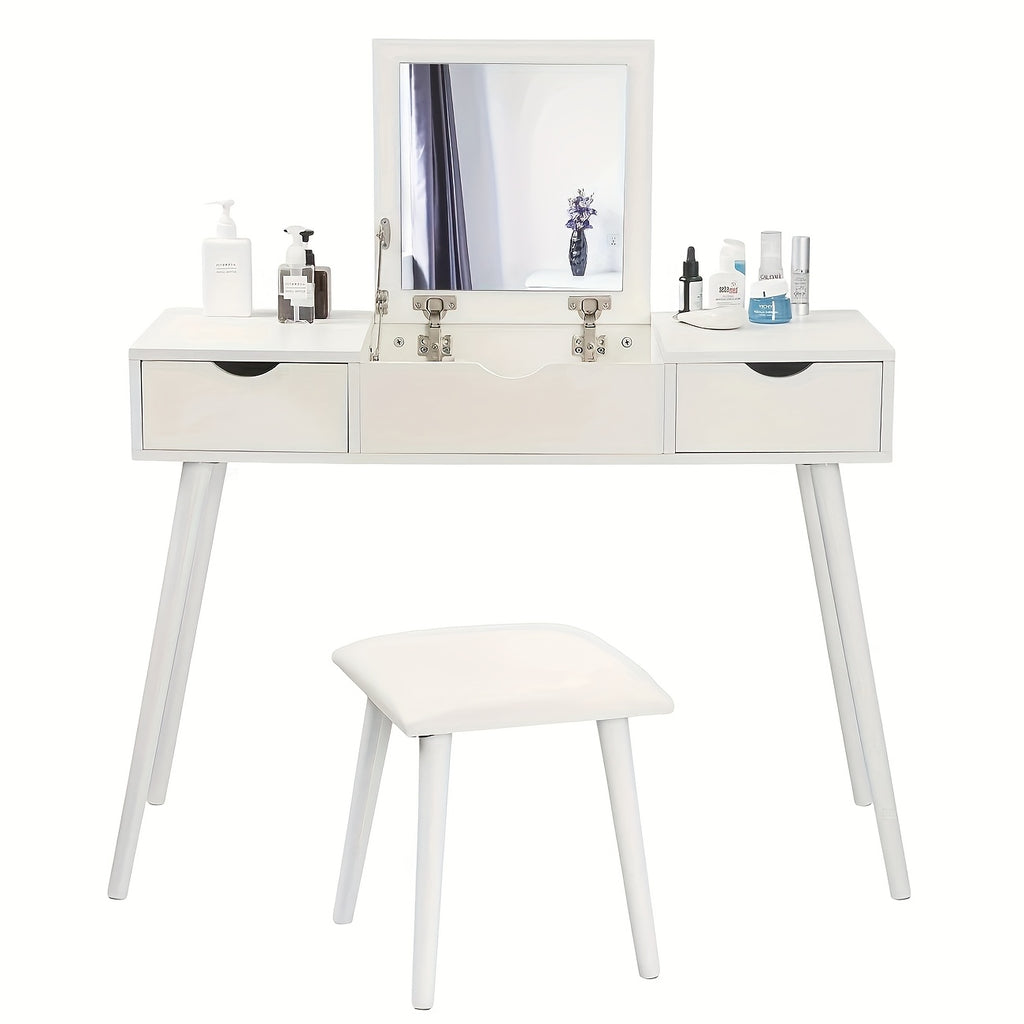 1pc Bureau de Toilette avec Miroir et Tabouret, Table à Cosmétiques avec 2 Tiroirs, Grand Plateau 100x40x75cm Blanc