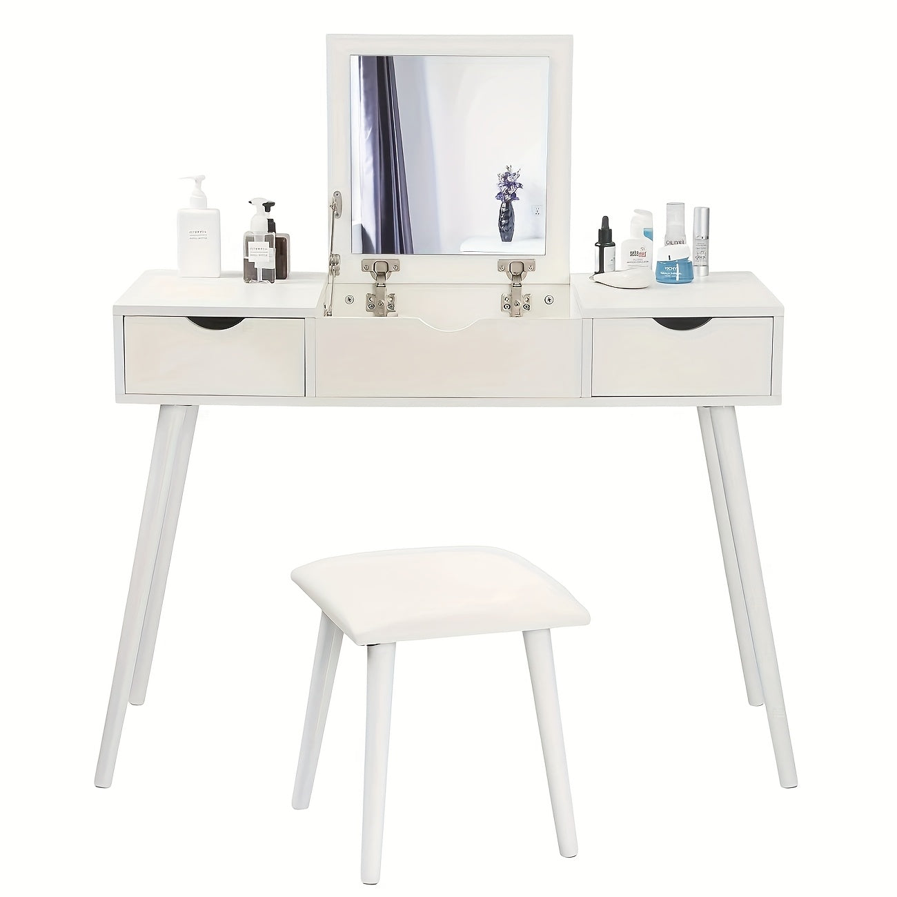 1pc Bureau de Toilette avec Miroir et Tabouret, Table à Cosmétiques avec 2 Tiroirs, Grand Plateau 100x40x75cm Blanc