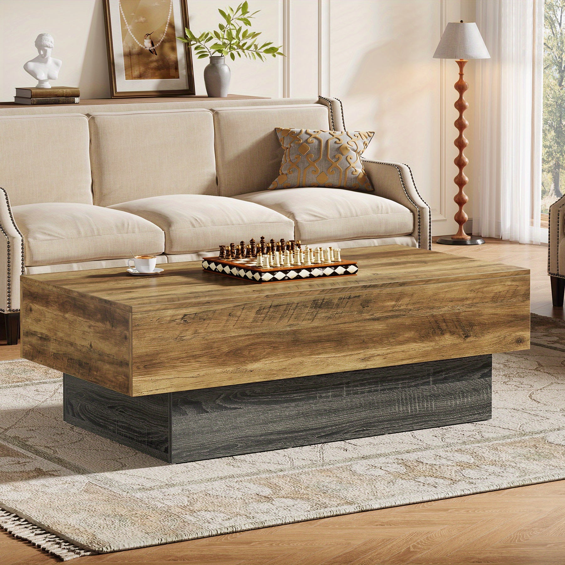 Table basse en bois de ferme BYBLIGHT - 139,7 cm de large, rectangulaire, vintage, avec base grise, dessus en bois massif et accents marron foncé, design économiseur d'espace pour le salon, le bureau, la réception, la meublerie du salon, finition en bois