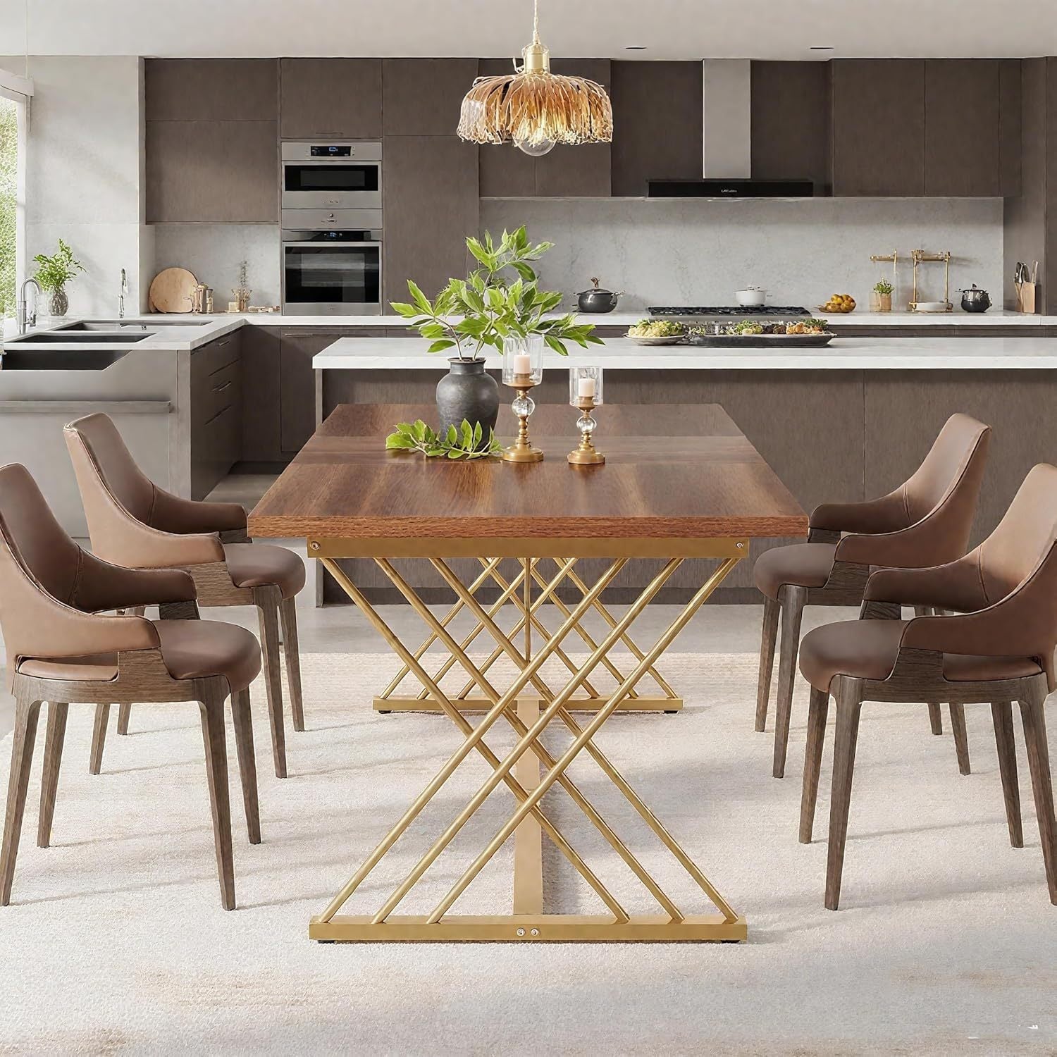 Table à manger pour 6 personnes avec cadre doré - Table de cuisine et de salle à manger rectangulaire moderne, conception peu encombrante, construction en bois robuste, élégante pour la salle à manger, le salon ou le bureau à domicile - Surface facile à