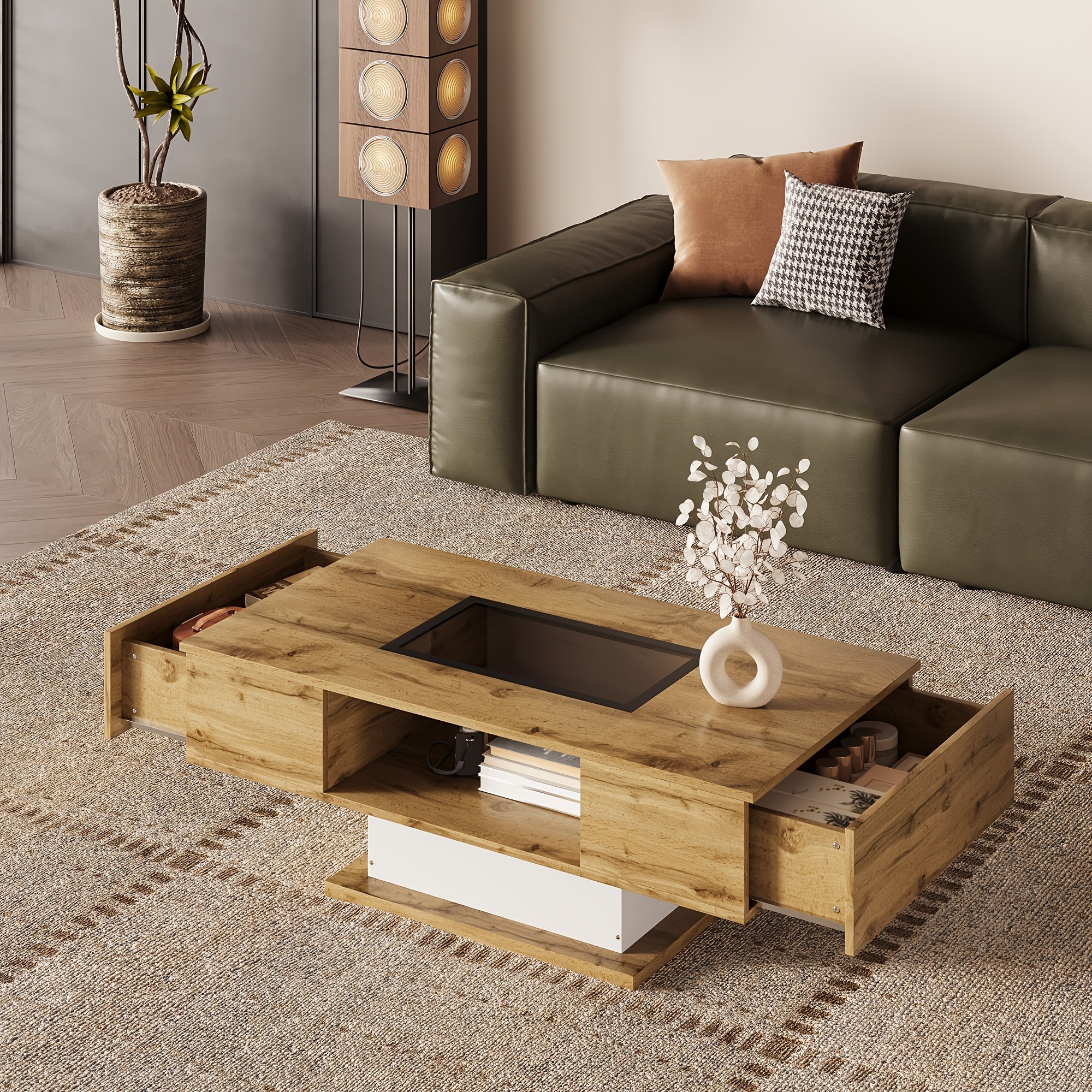 Table Basse Moderne à Deux Tiroirs - Table Centrale Contemporaine pour Salon, Montage Facile, Rangement Économiseur d'Espace pour Petits Appartements et Bureaux, Décoration Minimaliste, Design Élégant, Construction Durable, Idéale pour Bureau