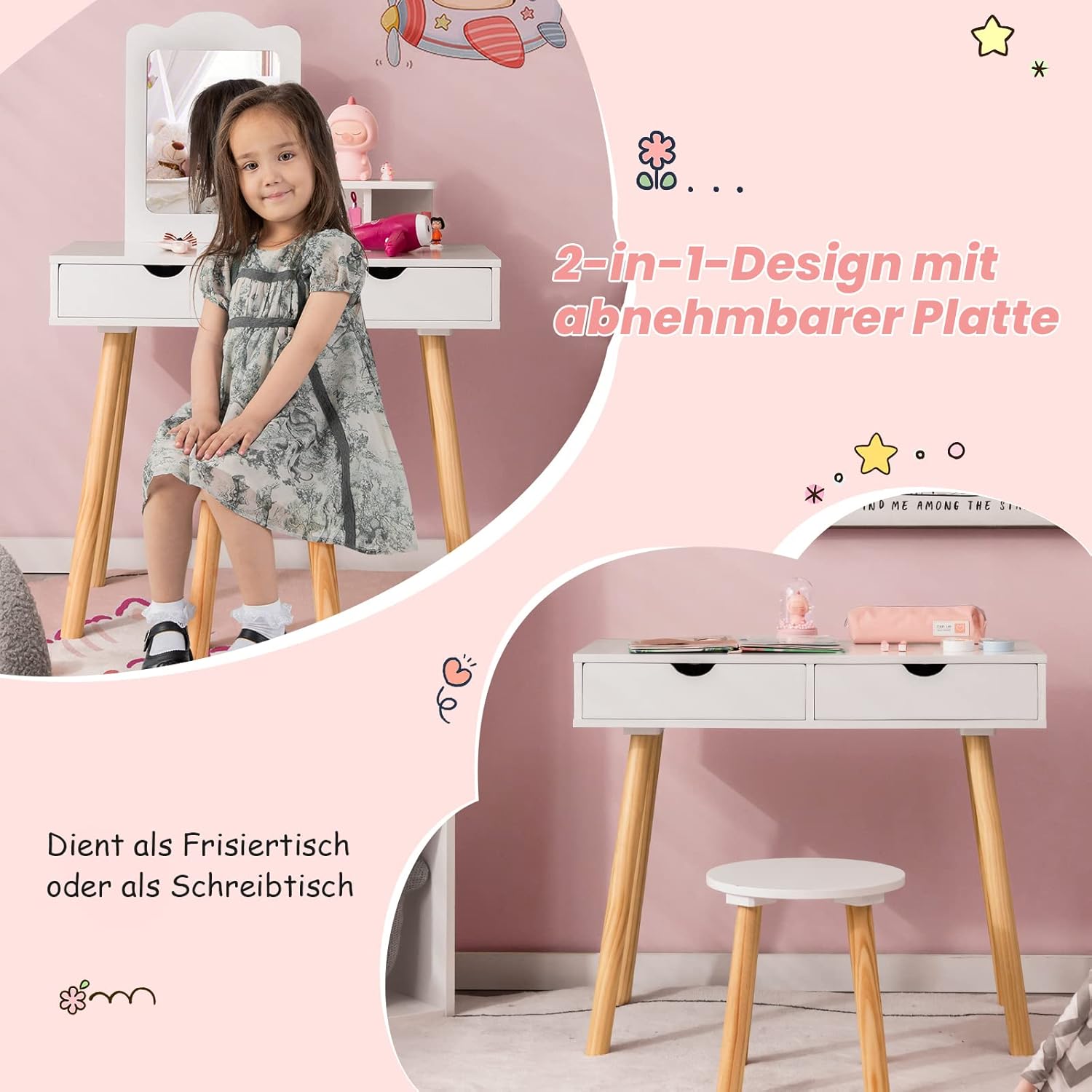 Ensemble de Coiffeuse pour Enfants, Table de Maquillage 2 en 1 avec Miroir Amovible, 2 Tiroirs, Peigne, Commode en Bois pour Filles de 3 à 7 Ans