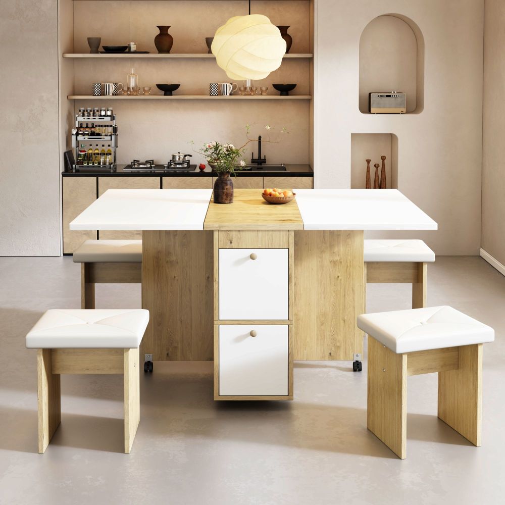 Ensemble de table à manger (table + 4 chaises), table pliable et rétractable, 120*80*75 cm, multifonctionnelle, idéale pour salon, restaurant, cuisine, salle à manger, café, salle de réunion, etc. Disponible en blanc + chêne/noir.