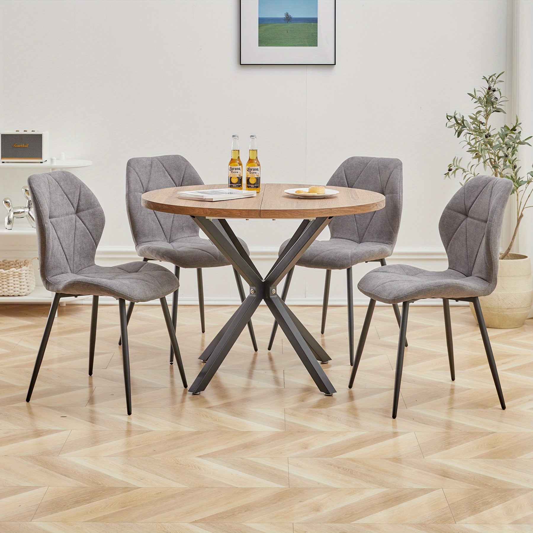 EGOONM Ensemble de 4 Chaises à Manger Style Mid-Century Moderne - Tissu Lin Gris Foncé avec Pieds en Acier Noir, Dossier Ergonomique et Sièges Rembourrés, Hauteur Réglable pour Salon, Cuisine ou Salle à Manger – Solides & Confortables, Faciles d'Entretie