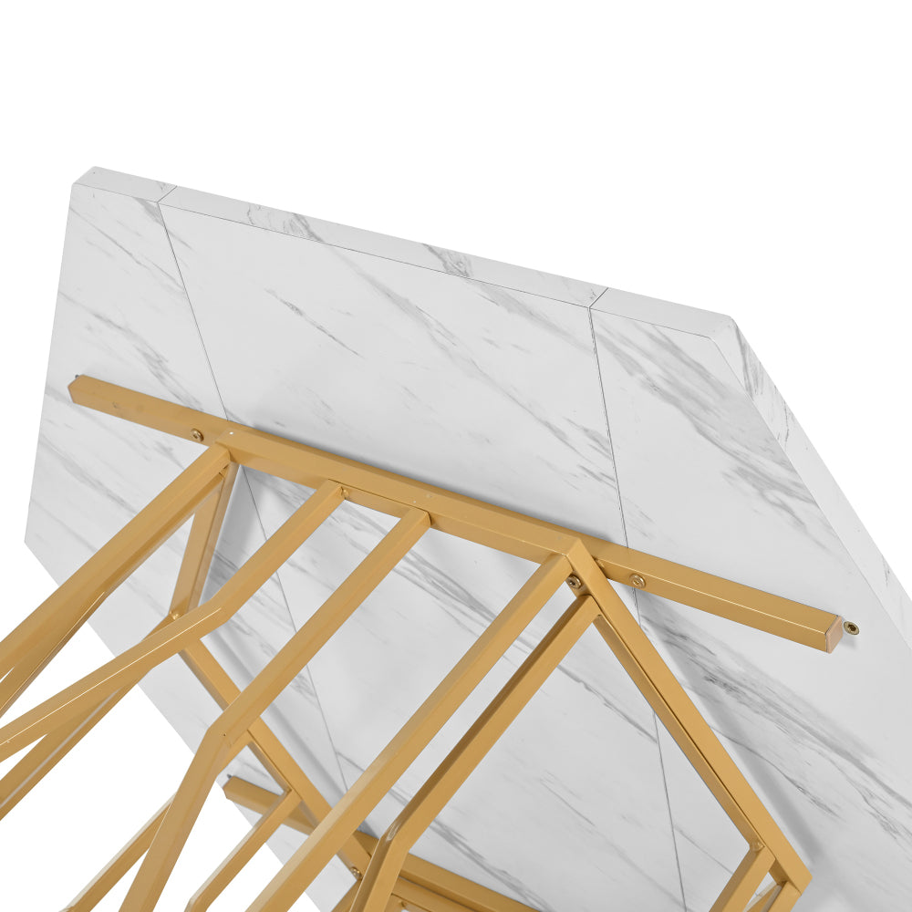 Ensemble de 5 pièces de tables et chaises, 1 table 115,5 * 100 * 75 cm, 4 chaises 44 * 46 * 86 cm, plateau en MDF à motif marbre hexagonal, pieds de table en métal doré, sièges en tissu velours vert/gris, table à manger et chaises de petite taille pour l