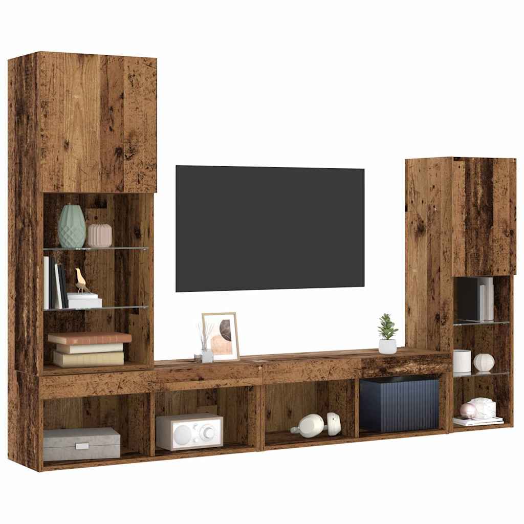 Ensemble de meuble TV vintage en bois vieilli, ensemble de 4 pièces, meuble de divertissement en bois d'ingénierie, armoire TV 40,5 x 30 x 102 cm, étagère de rangement média, meuble de salon, console TV rétro, unité TV en bois, support TV style classique