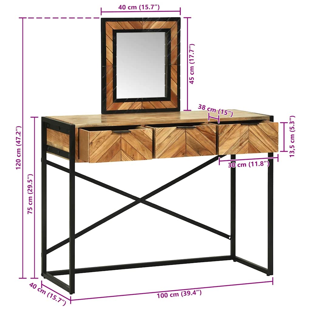 vidaXL Table de maquillage avec miroir en bois massif d'acacia Quatre tiroirs Style industriel Mobilier élégant pour chambre à coucher