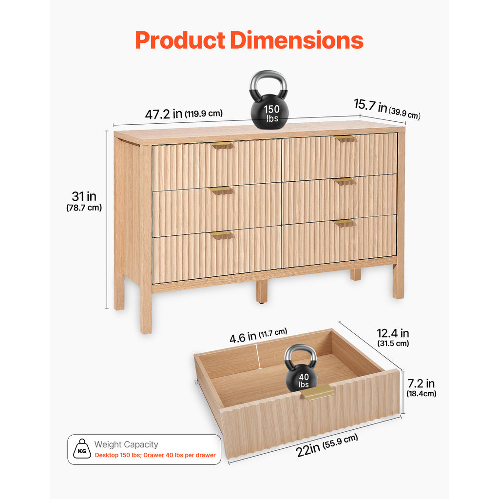 VEVOR Commode à 6 Tiroirs en Bois avec Glissières et Anti-basculement