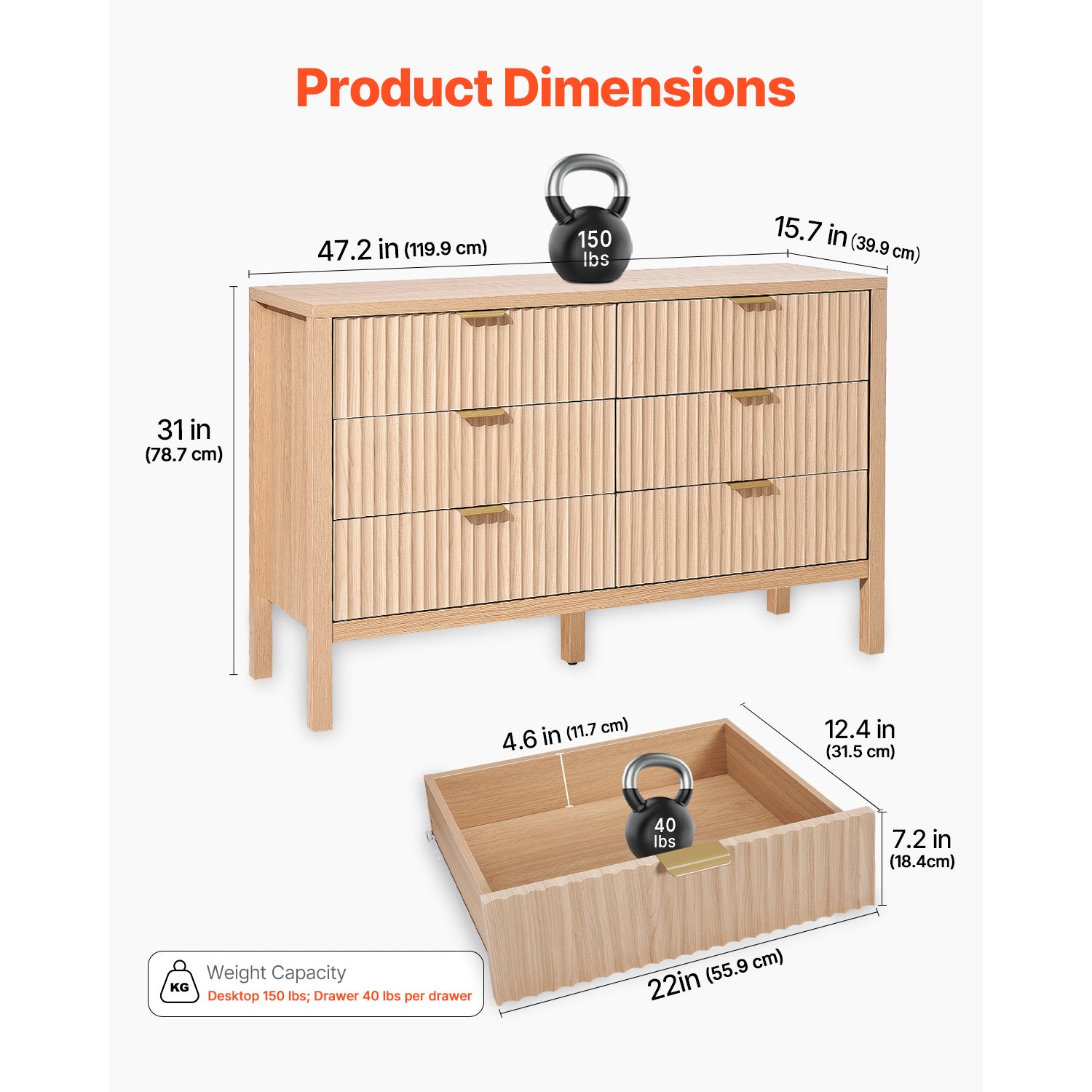 VEVOR Commode à 6 Tiroirs en Bois avec Glissières et Anti-basculement