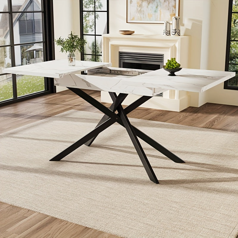 Table à manger télescopique (120-160 cm), table extensible, économiseuse d'espace pour cuisine et salon, pieds en fer croisé noir, marbre blanc, Table à Manger Extensible, Grande Table à Manger, Table à Manger Style Hamptons, Table de cuisine, Tables de