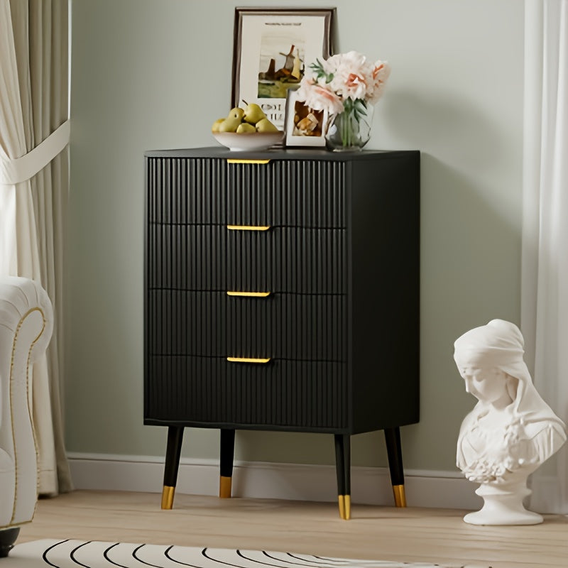 Commode, Commande à 4 tiroirs, 4 commodes avec pieds et poignées dorés - Idéale pour chambres salons entrée noir/blanc
