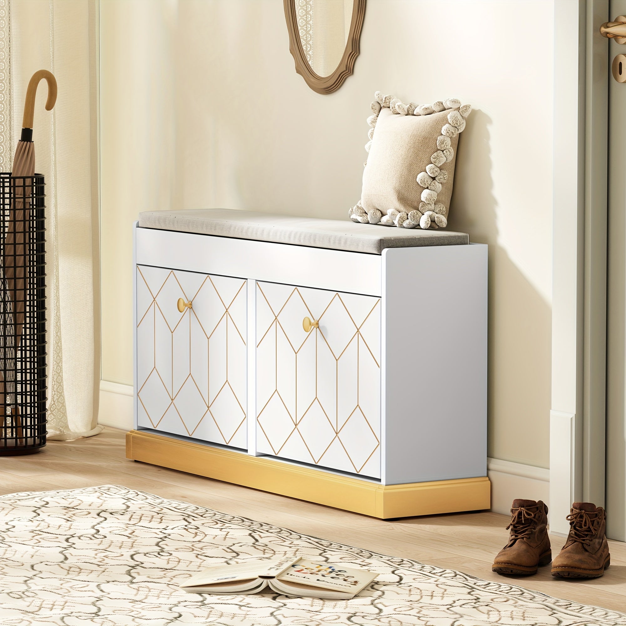 Étagère à Chaussures HOLTICO avec 2 Tiroirs et Siège Rembourré, Meuble de Rangement pour Couloir ou Salon, Blanc