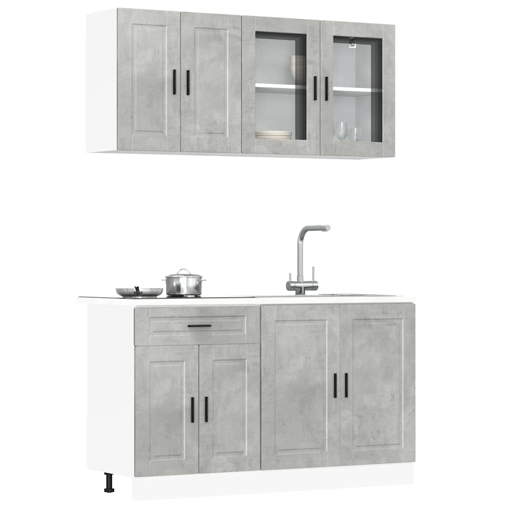 Ensemble de 4 meubles de cuisine "Porto" en bois d'ingénierie gris béton Armoire，Buffet，Tiroir(s) Meuble Grand espace de rangement avec multiples composants ; Anti-graisse / anti-humidité et étanche ; Montage facile ; Matériaux durables et robustes, sans