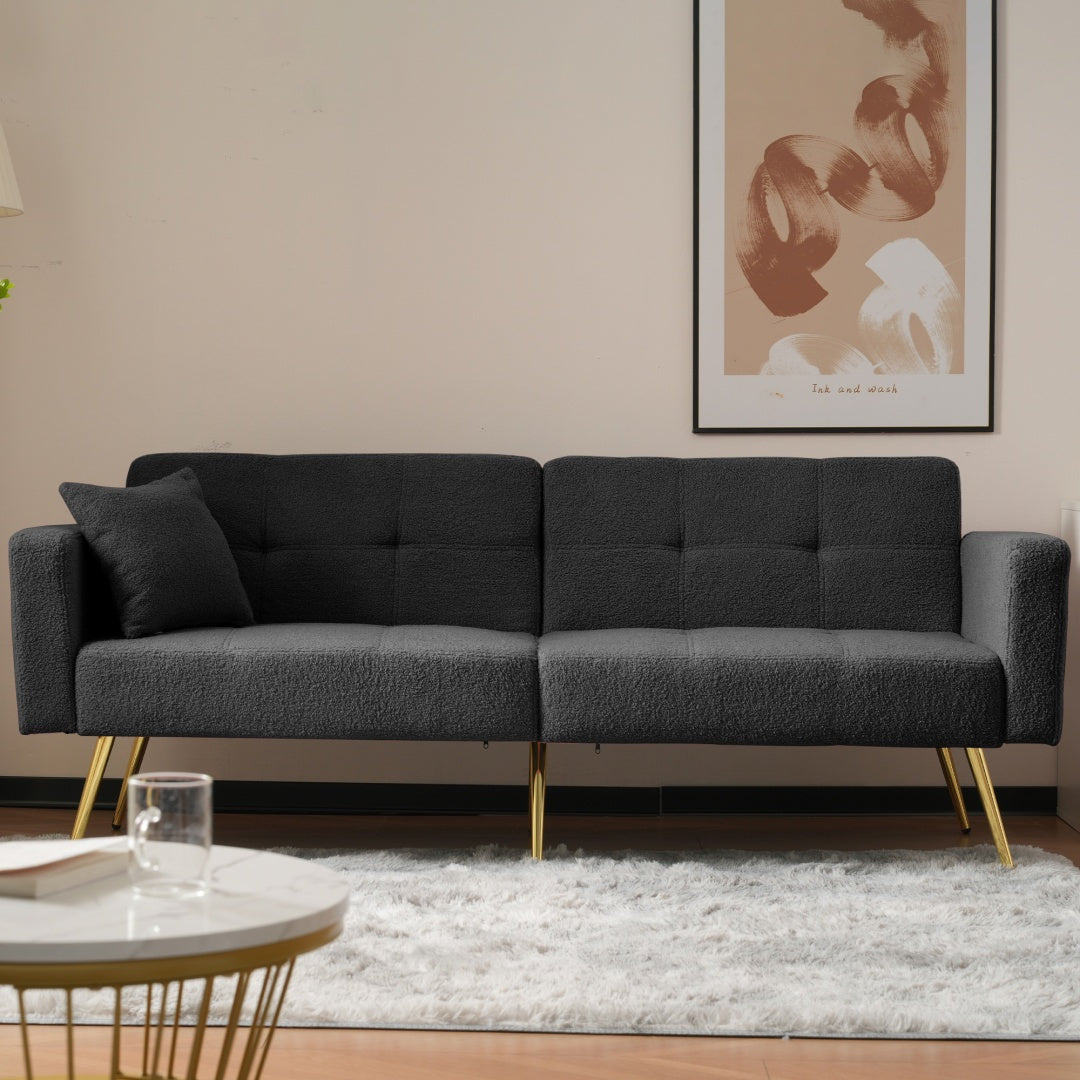 2 Canapé convertible 2 places avec coussins, Canapé convertible avec poches de rangement latérales, Angle réglable, Pieds dorés, Tissu Sherpa, pour petits appartements et dortoirs (Gris)